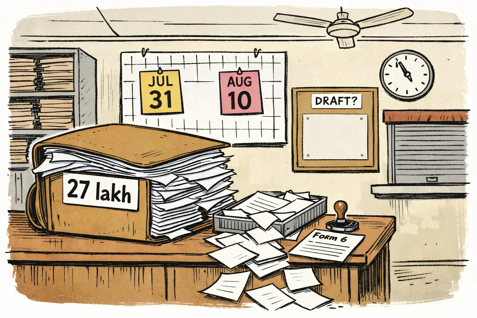 A giant election-calendar board in a Telangana government office shows two conflicting draft-roll dates, while a large file marked “27 lakh” sits beside an overflowing voter-list tray and a small public noticeboard with blank space.