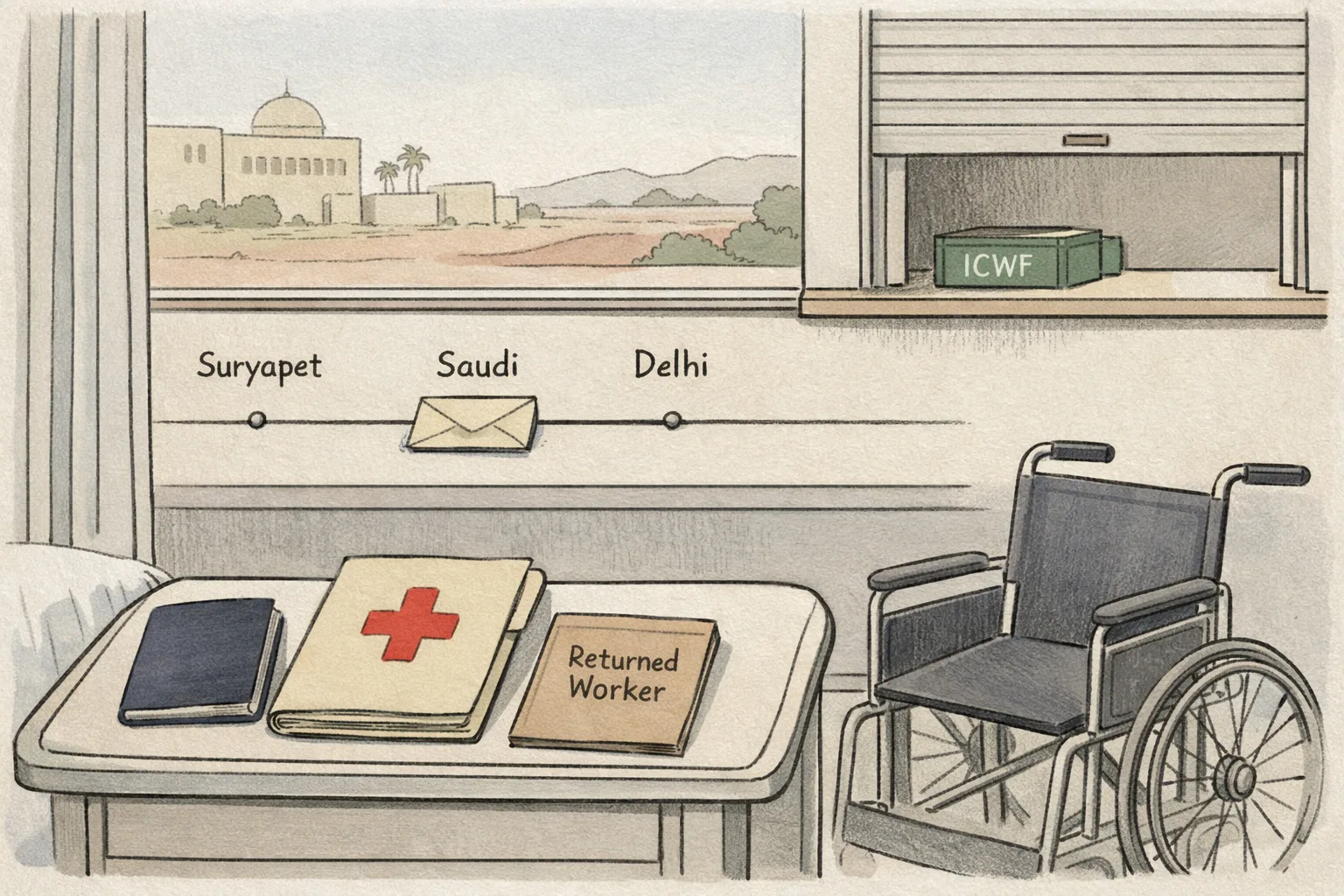 A quiet hospital bedside with an empty wheelchair, a passport and medical file in the foreground, and a closed office window beyond them marked with a small Delhi file tray.