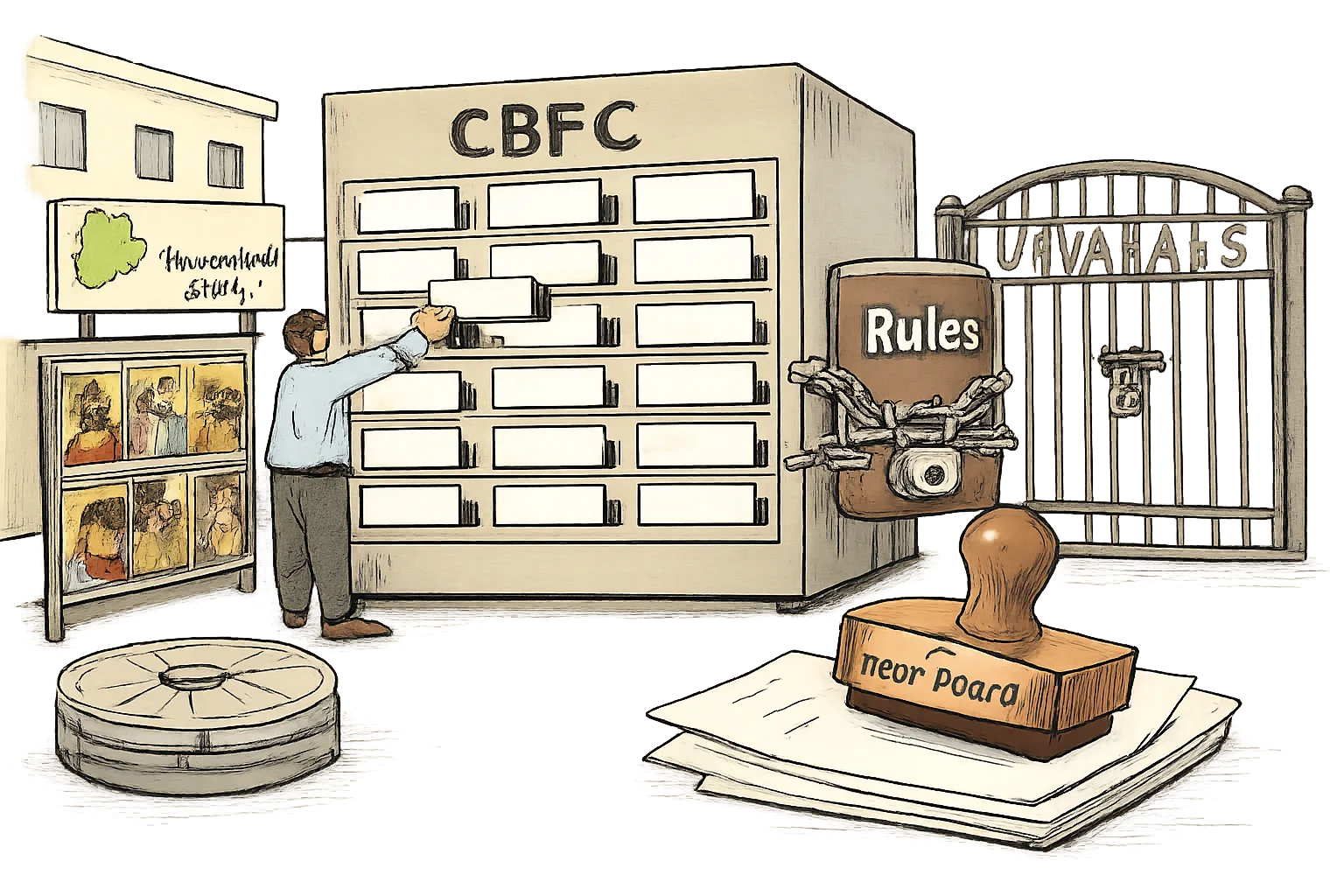 A cartoon outside the CBFC Hyderabad office shows blank new nameplates being fitted onto a filing cabinet while a chained rulebook and unchanged film-certification category tabs remain in place.
