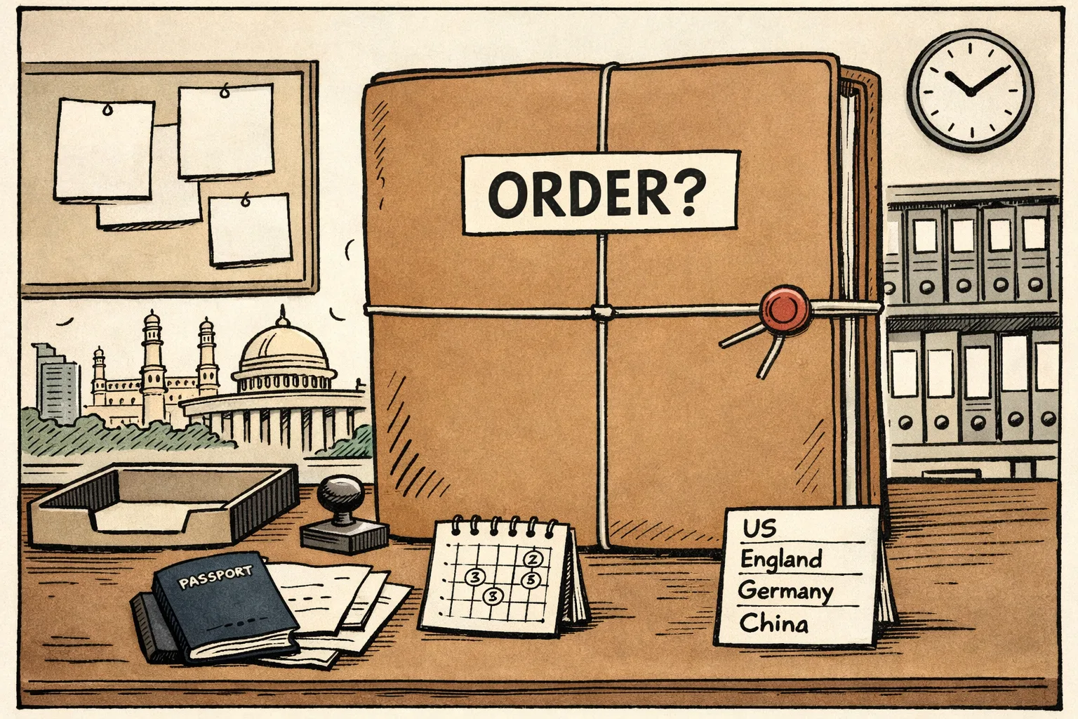 A large sealed court file marked “ORDER?” sits on a desk beside a passport, an itinerary listing several countries, and a newspaper clipping; a government office and courthouse appear through a window in the background.
