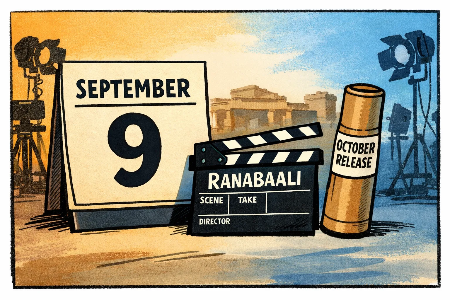 A film clapperboard and a September 9 countdown board sit under studio lights beside sealed promotional material for Ranabaali.