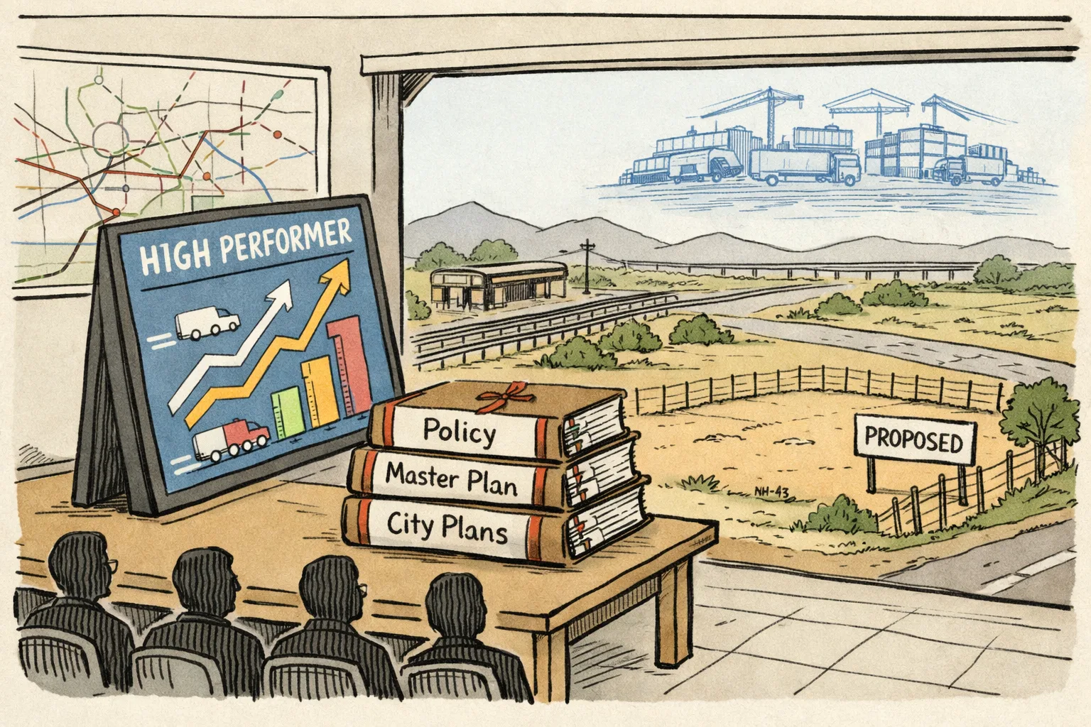 A large workshop projection declaring a logistics high performer towers over closed planning files, while a proposed logistics park appears only as a blueprint above an empty fenced site near a railway line and village road.