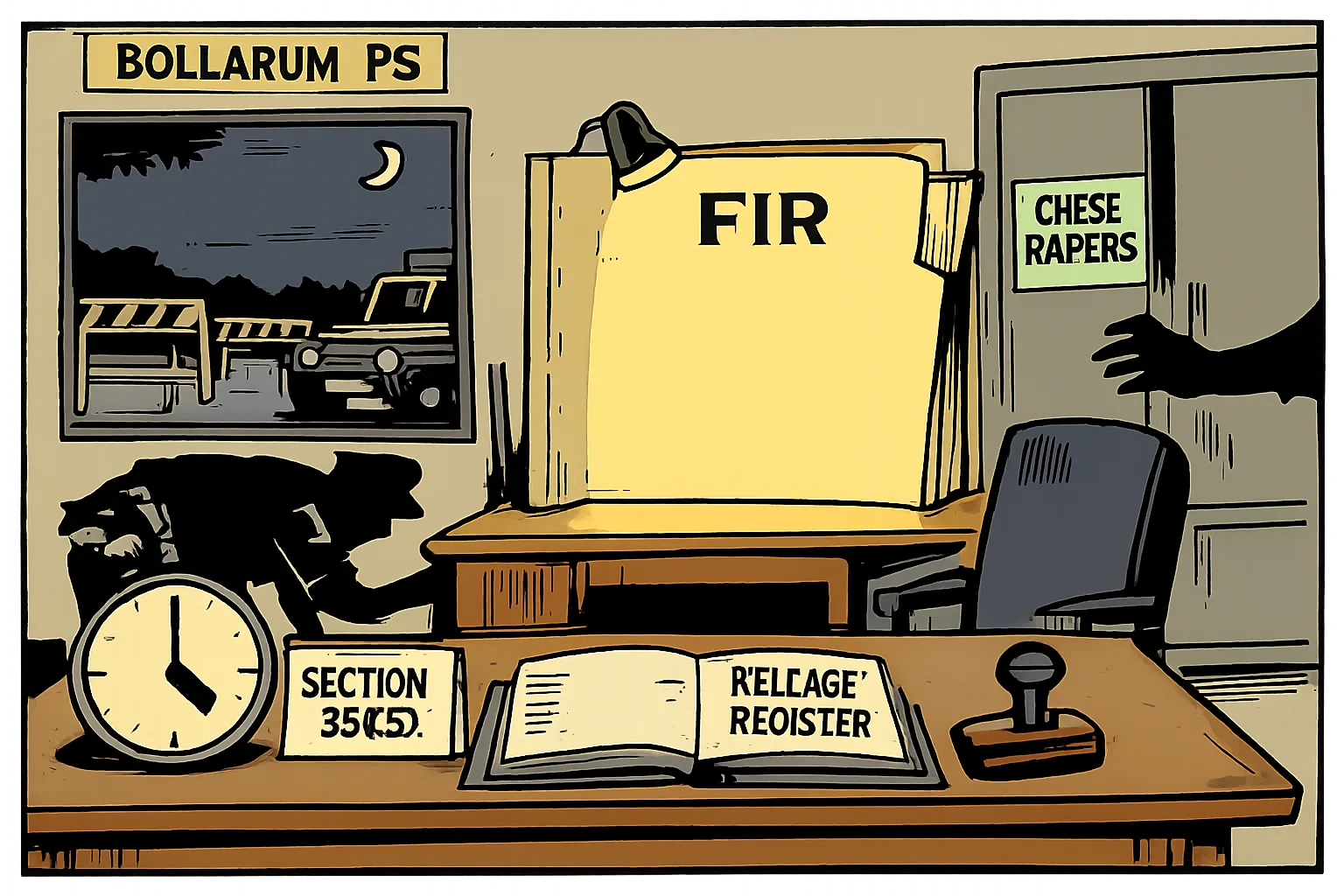 A Telangana police-station desk displays a 4:30 a.m. clock, a legal notice and release register, while an oversized empty FIR folder sits under a spotlight and an office worker searches for missing papers.