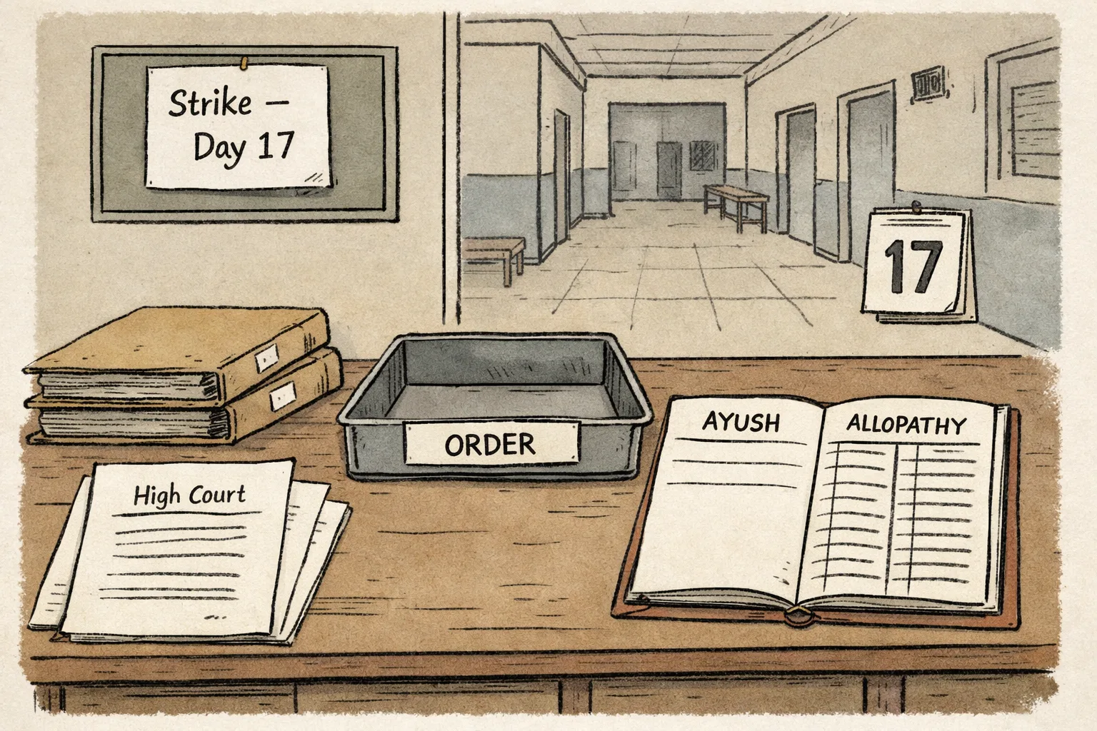 A muted drawing of a Warangal government hospital desk with High Court and government-order folders, an incomplete stipend register, and an empty file tray labelled “ORDER”; a calendar marks the seventeenth day of a strike.