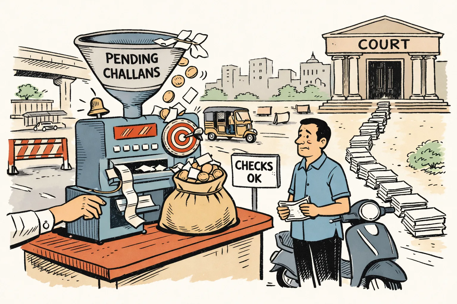 A Hyderabad roadside traffic checkpoint is drawn as an oversized challan cash counter, with a document-holding motorist and a courthouse marked "COURT" in the background.