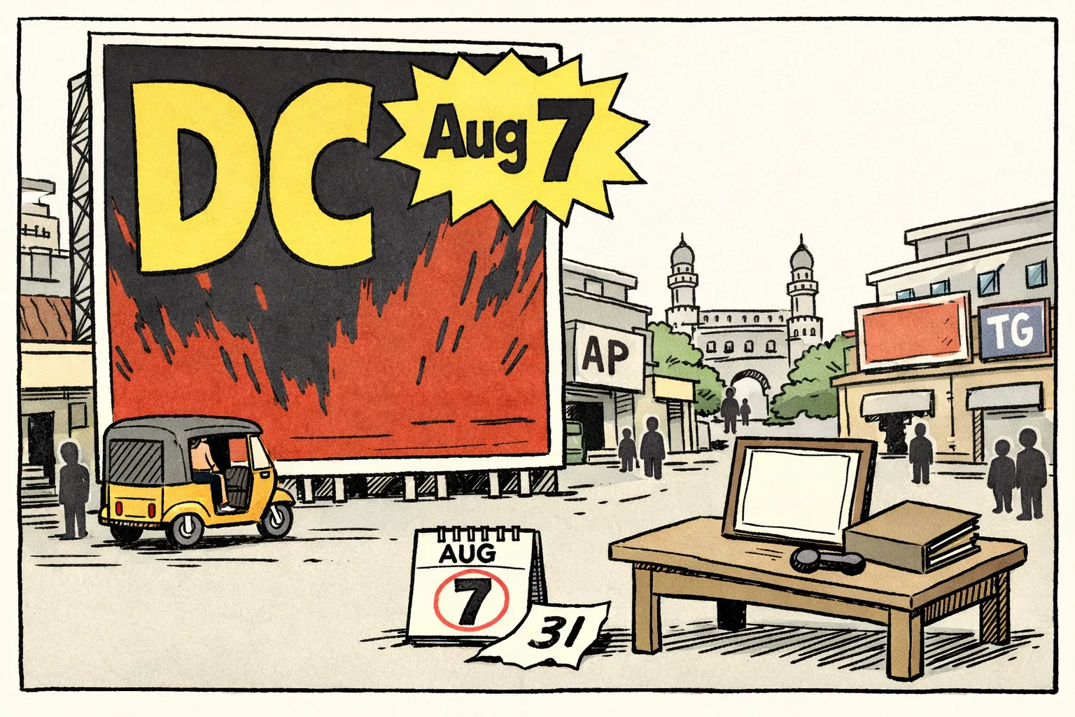 A giant film poster marked “DC” stands on a Hyderabad cinema street, with a small calendar pinned to August 7 and an empty certificate frame beside it; theatre distribution boards sit in the background.