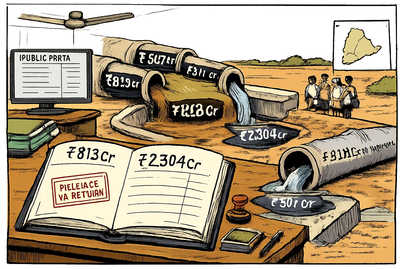 An ink cartoon shows two money-filled irrigation pipes with conflicting figures stopping before farmers, beside a government ledger with blank district pages.