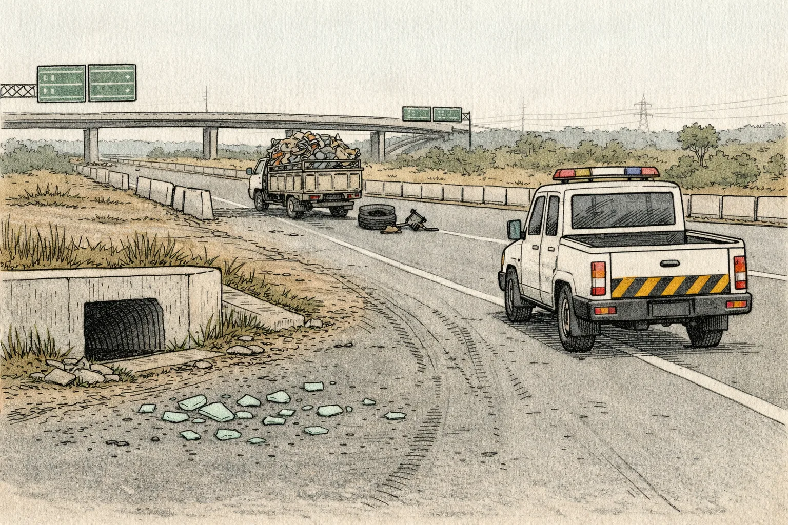 A quiet Telangana roadside shows a damaged culvert and broken glass, while an Outer Ring Road shoulder holds a stopped scrap-laden vehicle, a loose tyre and a jack.