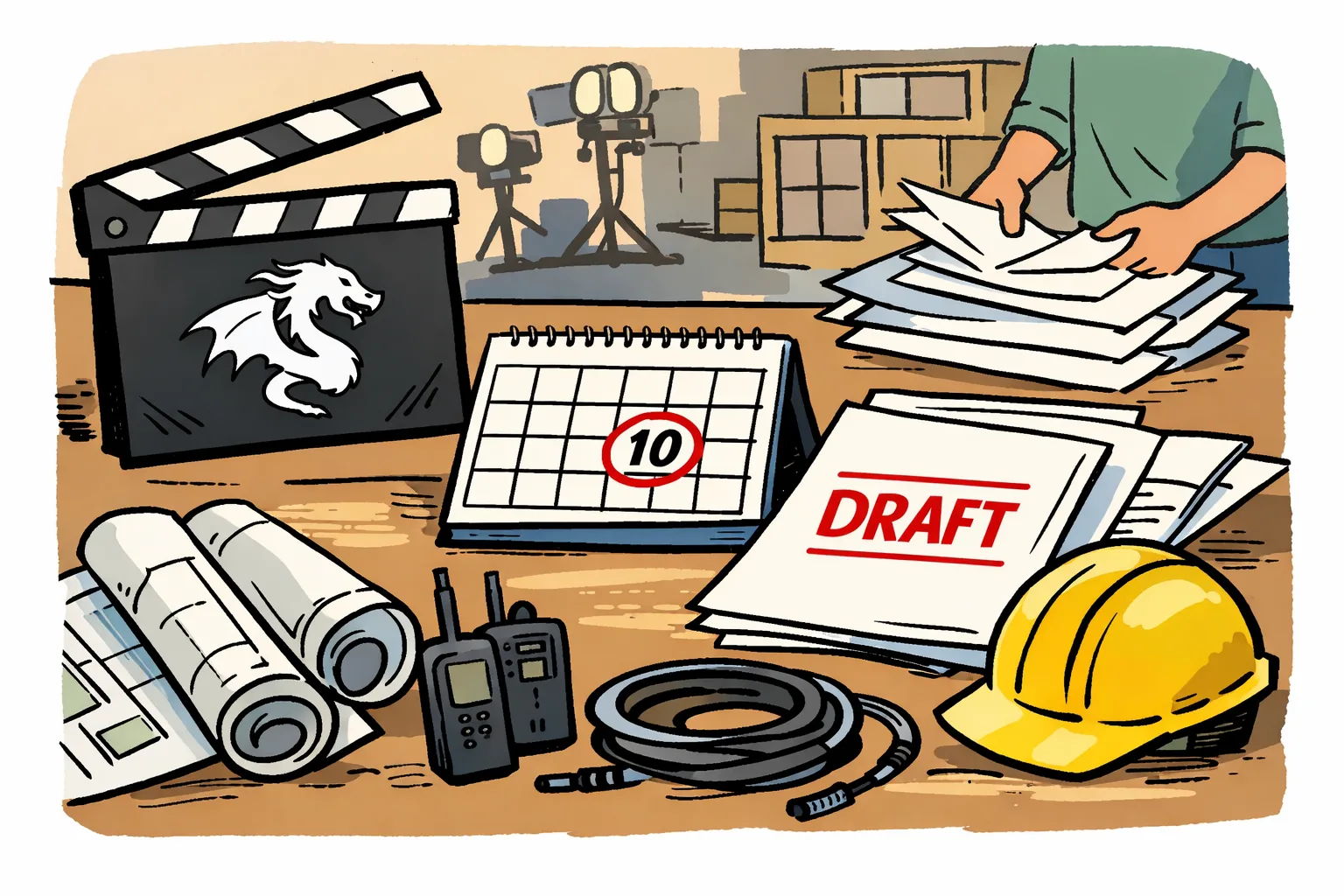 A draft film schedule, a calendar marked October 10 and a dragon-emblem clapperboard sit on a production planning table in a studio office.