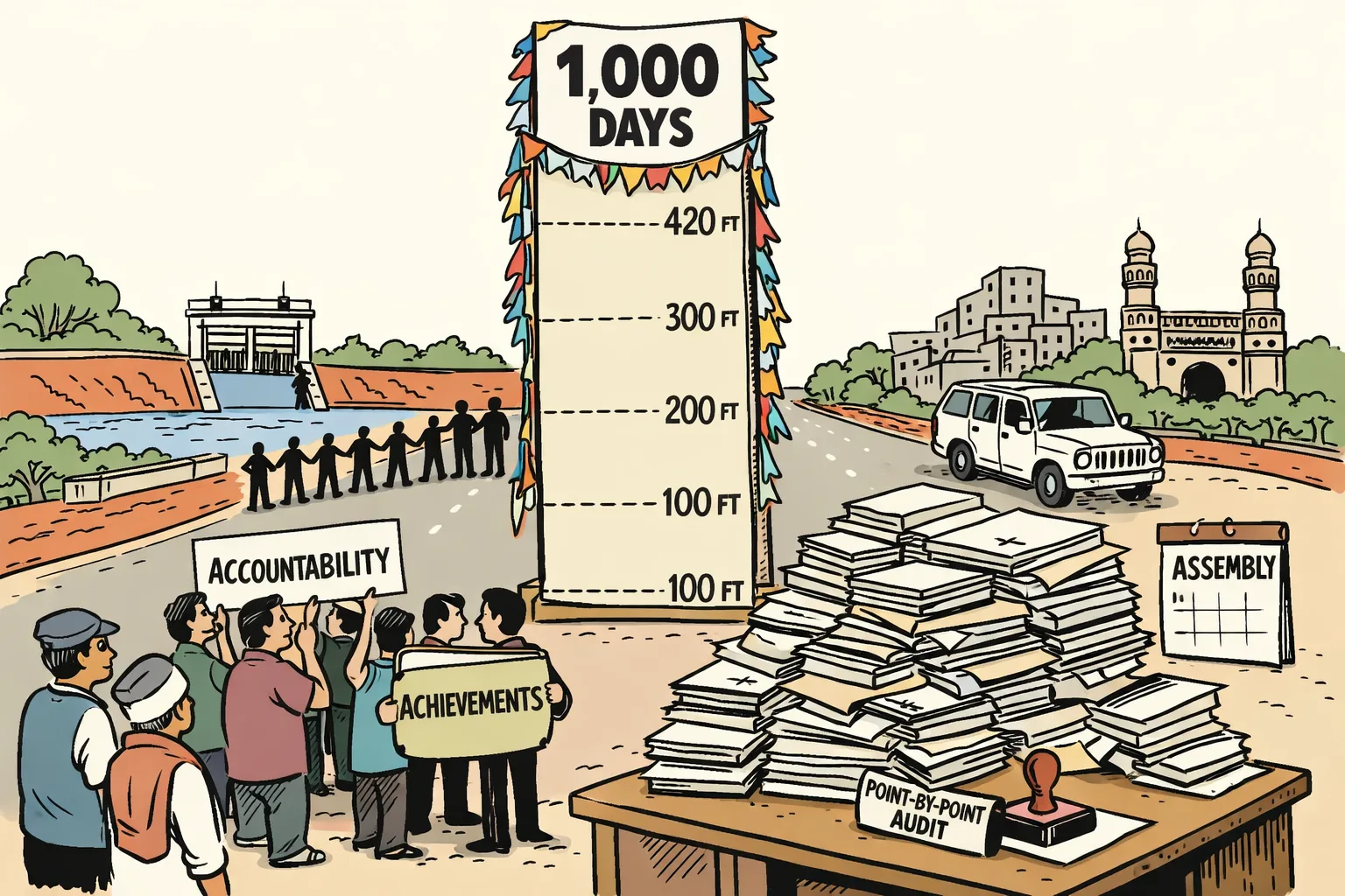 A giant 1,000-day milestone board and measuring tape tower over a Telangana road, beside a small desk buried under unchecked promise files and an unused accountability stamp.