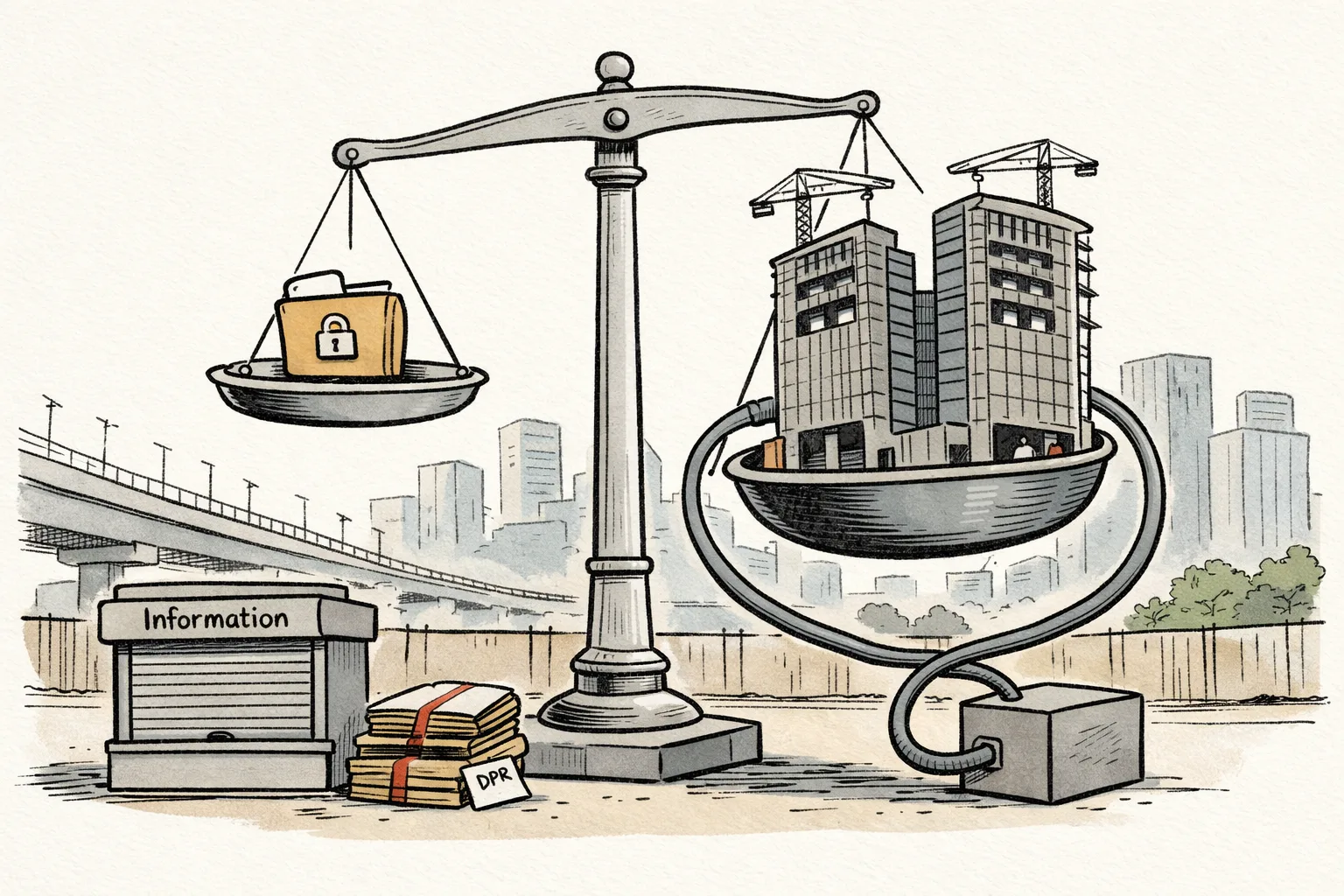 A large locked file marked “PPP” sits on a weighing scale, with a tiny public share pan opposite a huge private developer pan; behind it, an unfinished twin-tower mall rises over a Telangana city road while sealed government folders pile up.
