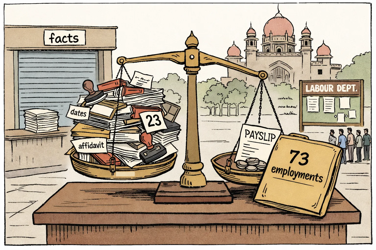 A balance scale outside a Telangana court building weighs government files, dates and stamps against a worker's payslip and coins, with a sealed file marked 73 employments pressing down on the wage side.