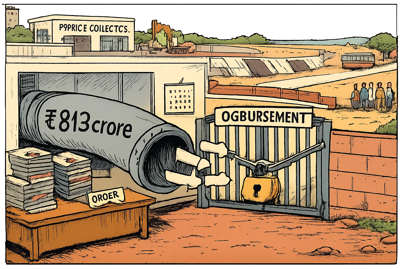 A giant pipe labelled ₹813 crore runs through a Telangana government office and ends at a locked disbursement gate, with files and official arrows behind it and waiting landowners near a dry field beyond.