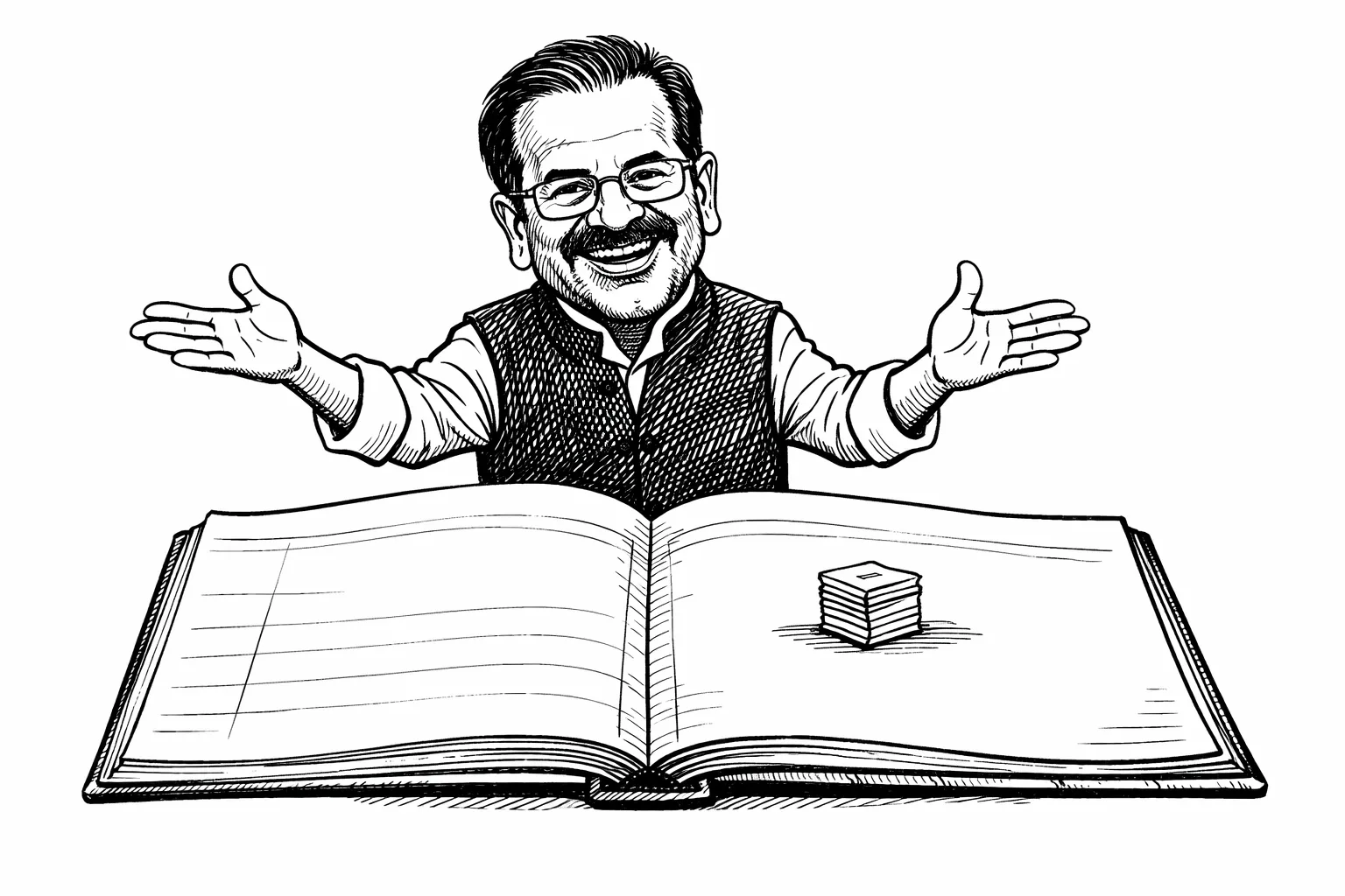 A caricatured Telangana chief minister proudly gestures beside a tiny stack of appointment letters placed on a huge mostly blank government ledger.