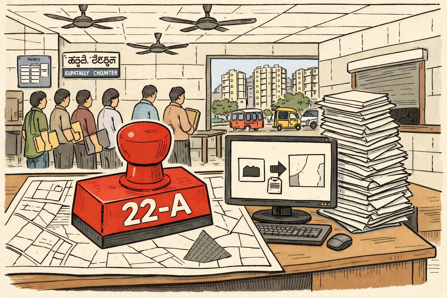 A Kukatpally property-registration counter is buried under a giant file labelled “22-A”, while a computer screen shows a survey map being split into a small shaded patch and a much larger cleared area; a queue of property buyers waits beside the counter.