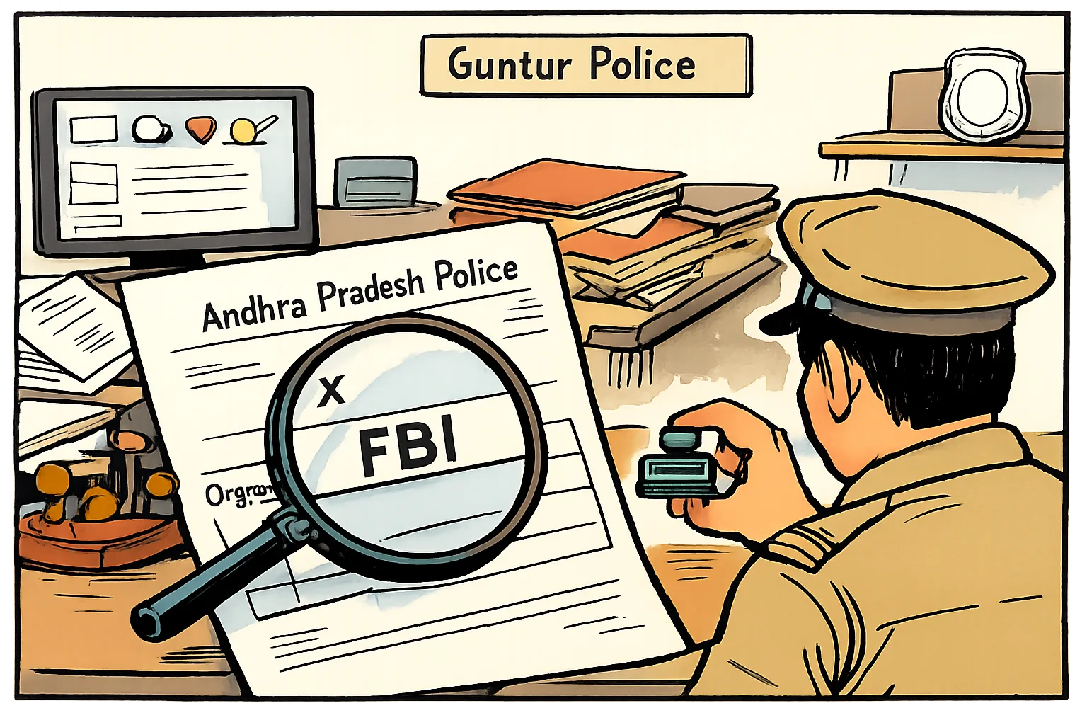 A cartoon Guntur police office desk shows an Andhra police form labelled FBI, while an X-marked magnifying glass exposes the unexplained organisation entry.