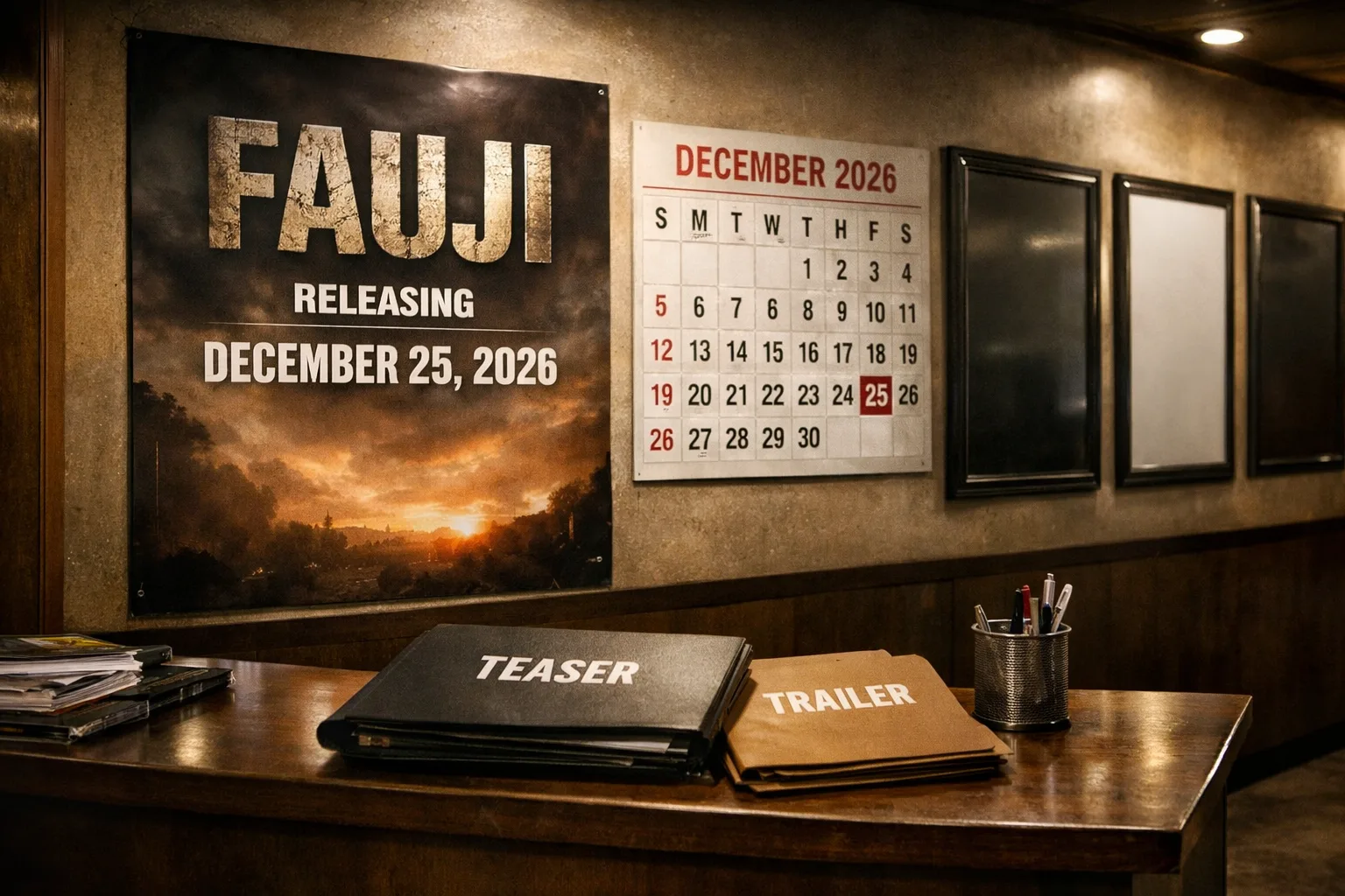 A Fauji release-date poster hangs in a cinema lobby beside an unopened publicity folder and a December calendar.