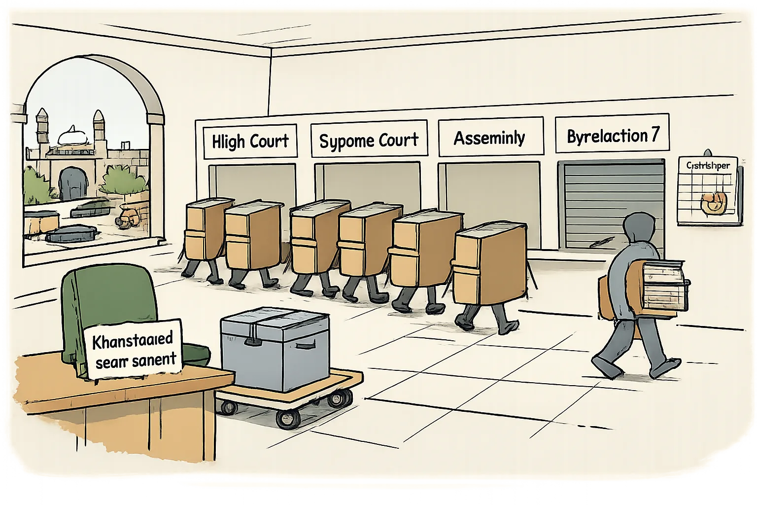 An empty MLA chair and ballot box wait beside a long queue of legal files moving between counters marked High Court, Supreme Court and Assembly, with September 23 circled on a calendar.