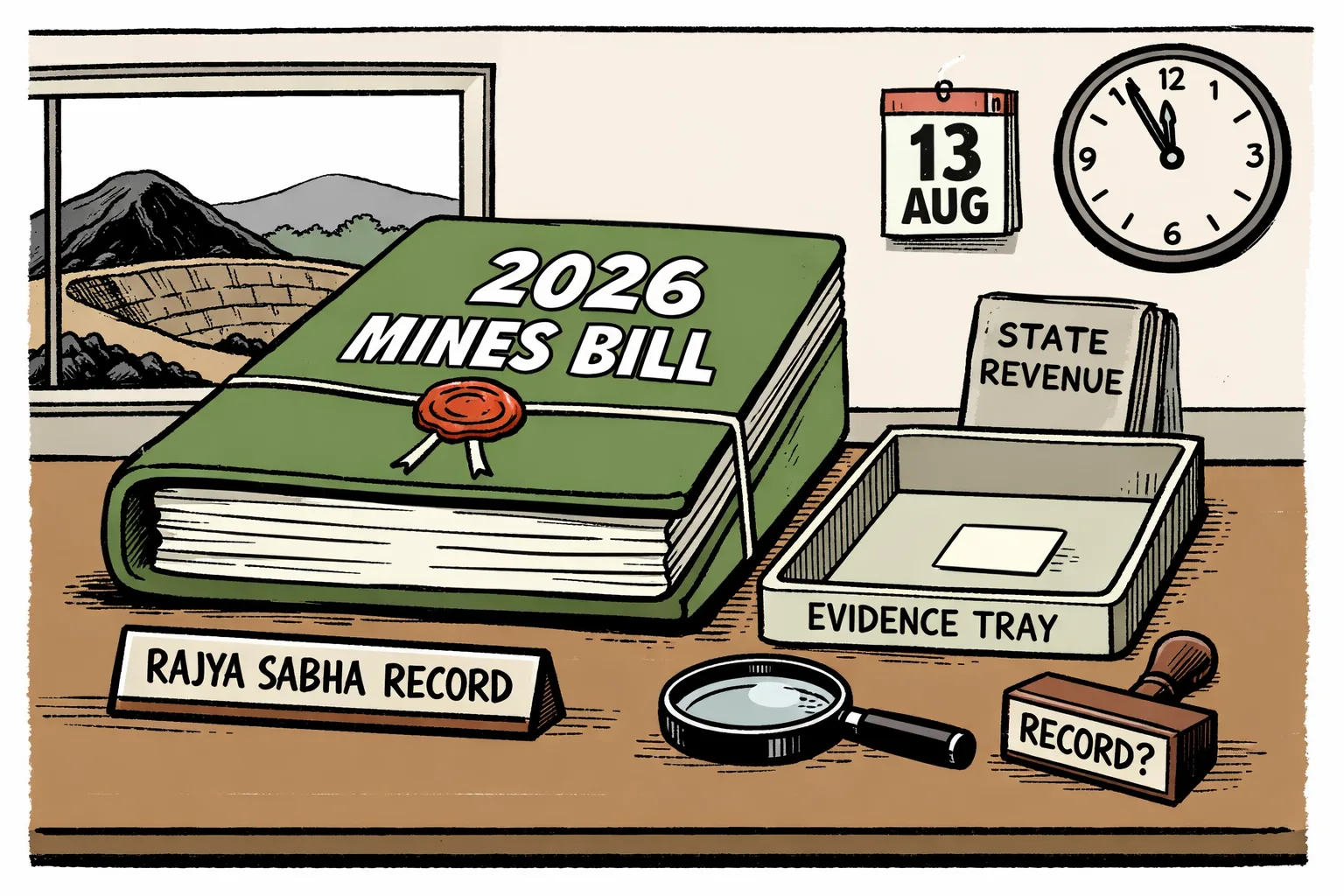 A large sealed parliamentary file marked “2026 Mines Bill” sits on a desk labelled “Rajya Sabha record,” while a tiny magnifying glass searches an otherwise empty evidence tray; Telangana mining lease maps and mineral rocks lie in the foreground.
