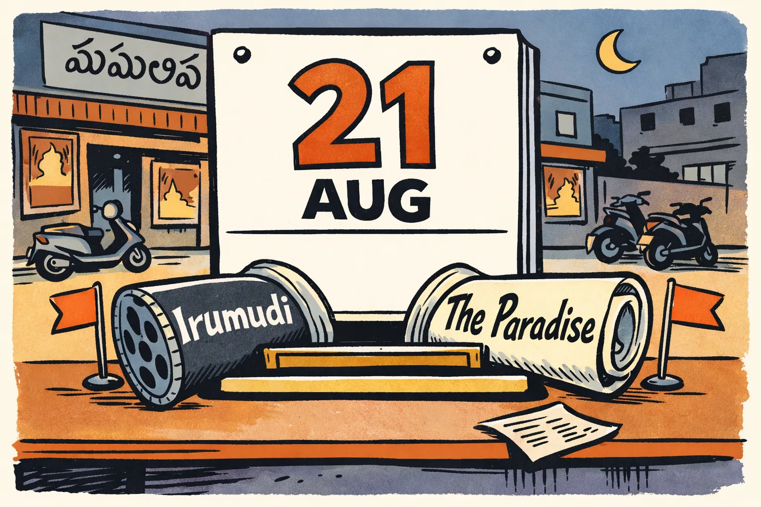 A Telugu cinema ticket window displays two film posters labelled “Irumudi” and “The Paradise” competing for a single calendar square marked August 21, while a trade newspaper lies open beside it.