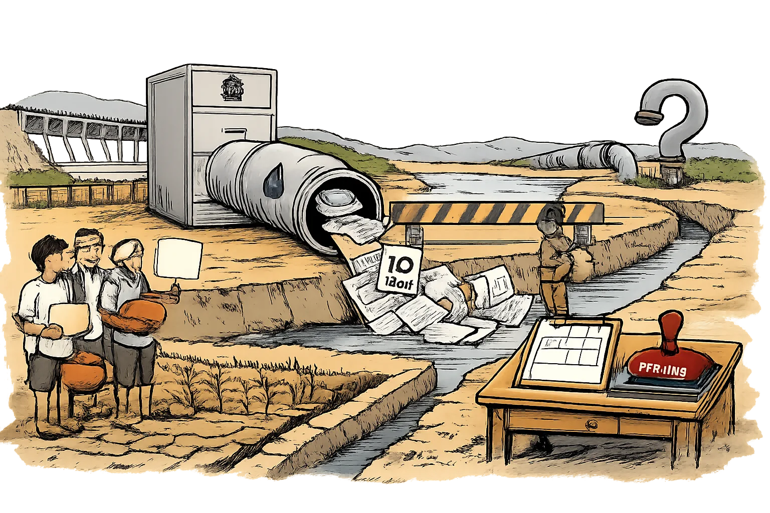 Farmers stand beside a dry canal at the Jurala project as a paperwork-filled pipe delivers forms instead of water, with a police barricade and a zero-reading gauge nearby.