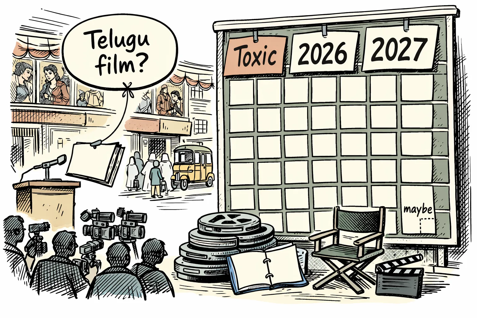 A blank film project folder and empty director’s chair sit beneath a packed cinema calendar, while a speech bubble reading “Telugu film?” floats outside a Hyderabad cinema venue.