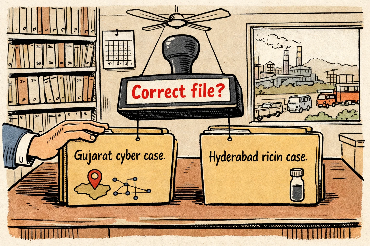 Two separate labelled case files sit on a Telangana government-office desk while a large rubber stamp hovers between them; shelves of records and Ramagundam’s industrial landscape are visible behind.