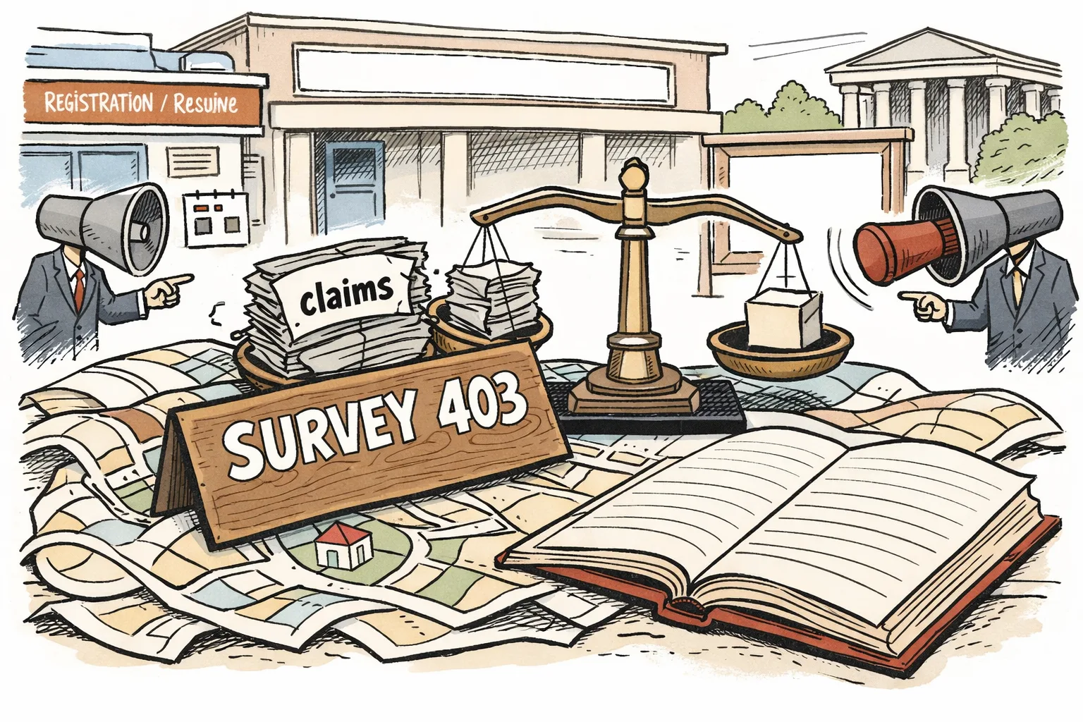 A giant prohibited-properties map marked Survey 403 covers a tiny plot beside an empty ledger, oversized claim papers weigh down one side of a scale, and a correction stamp hovers outside a Telangana government office.