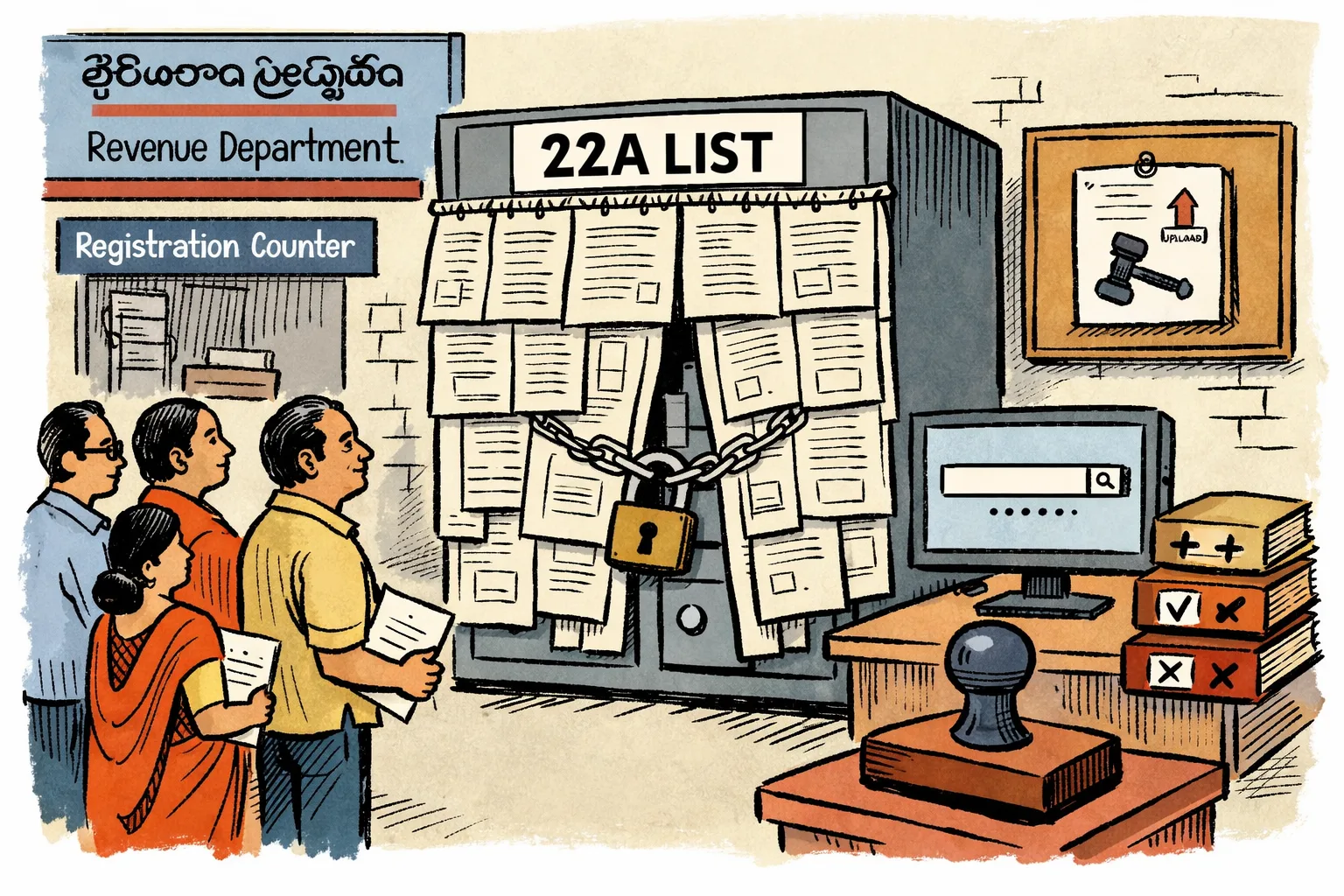 Property owners stand outside a Telangana government office beside a locked filing cabinet marked 22A List, while a small computer shows an incomplete search screen and folders remain inaccessible behind the cabinet.