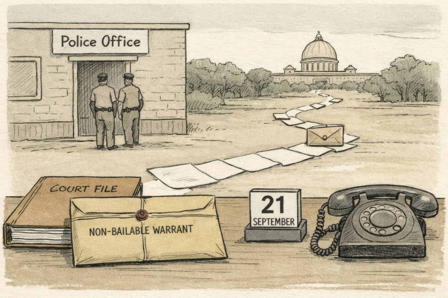 A sealed warrant envelope and court file lie on a desk beside a telephone, with a paper trail leading from a distant courthouse toward a Haryana police office.