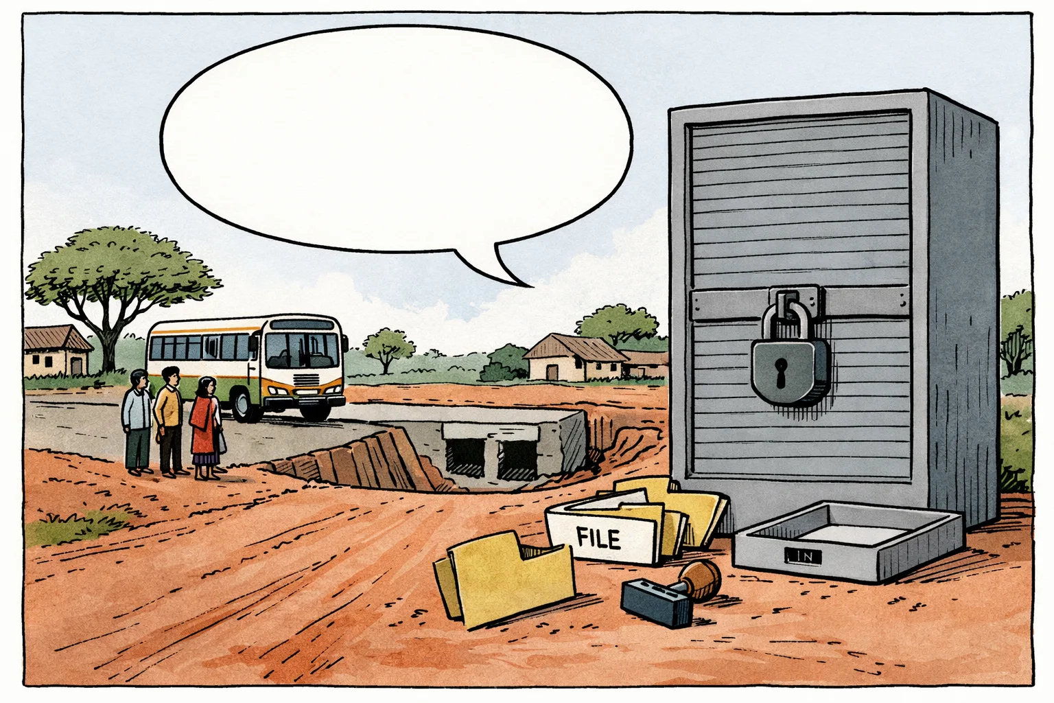 A rural Telangana road ends at a tall stack of empty government files and a locked records cupboard, while a large unlabelled figure balloon floats above the scene; villagers and a bus wait beside an unfinished bridge in the background.