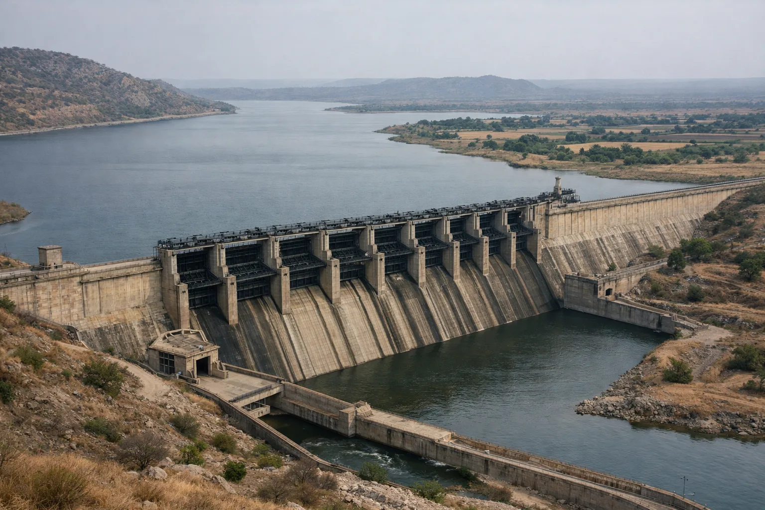 Nagarjuna Sagar dam and irrigation gates beside a broad reservoir and dry Deccan landscape.
