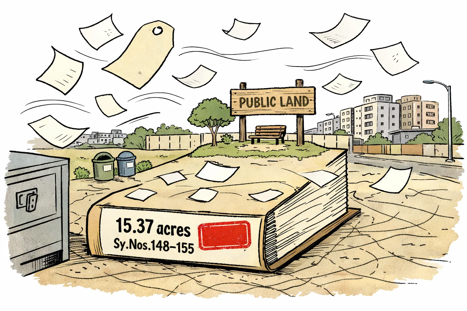 A large stamped government file marked with survey numbers 148–155 sits on a desk labelled HUDA, while a fenced Telangana urban plot and a small public park appear behind it amid overlapping boundary lines and scattered unsigned papers.