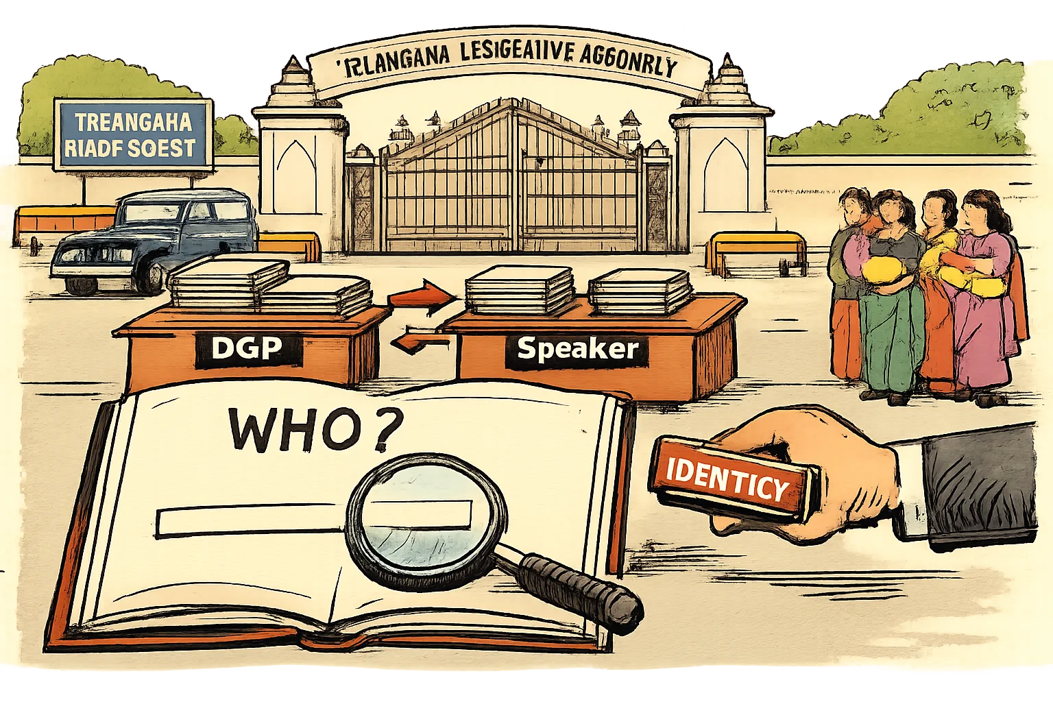 An oversized blank police register lies between symbolic DGP and Speaker desks outside the Telangana Assembly, while a courthouse stamp points to the missing names and women legislators wait nearby.