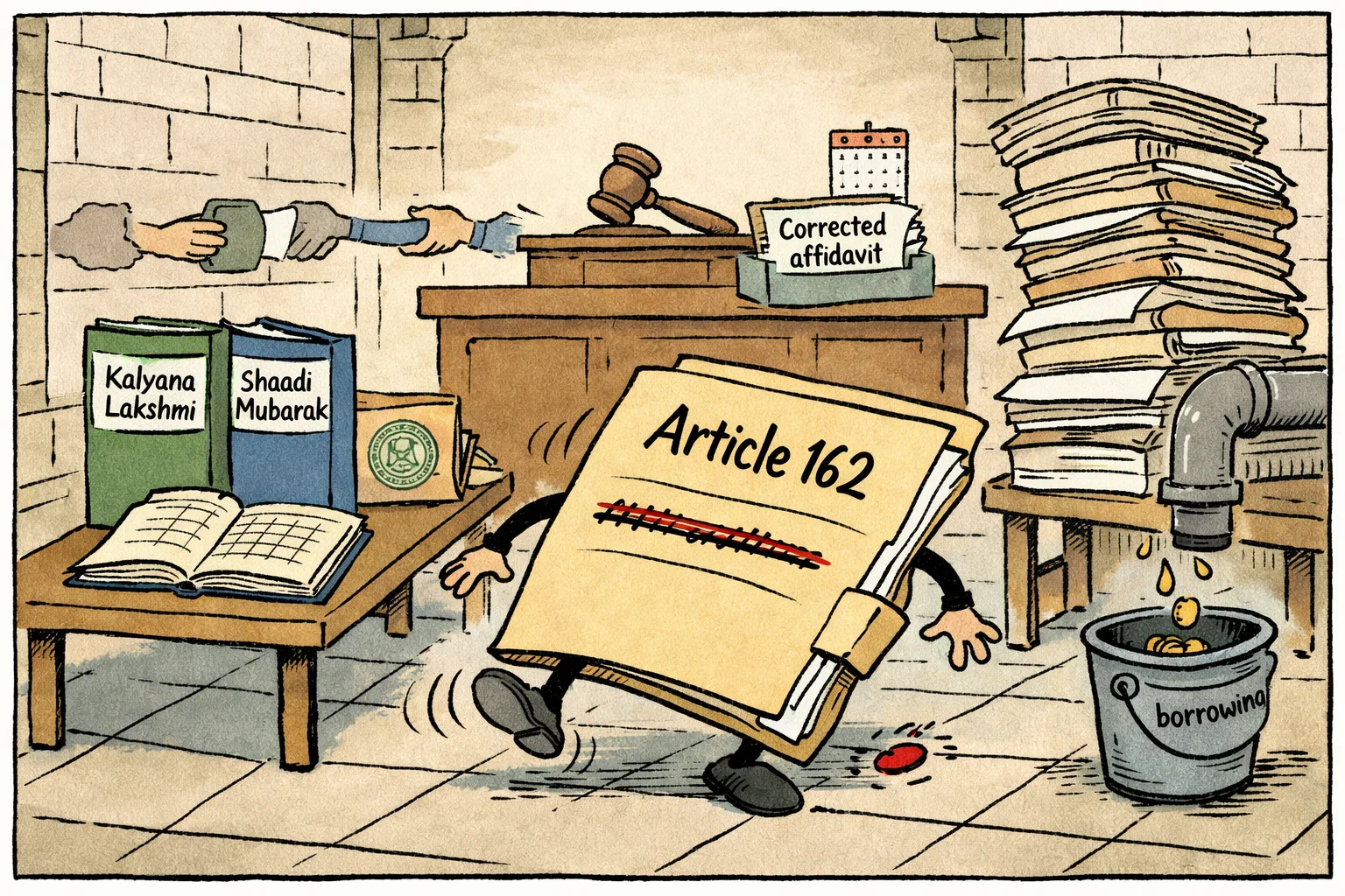An oversized Telangana government affidavit labelled Article 162 trips over a typographical-error mark, while welfare scheme files stand beside a budgeting ledger and leaning unpaid-claims files near a leaking borrowing pipe.