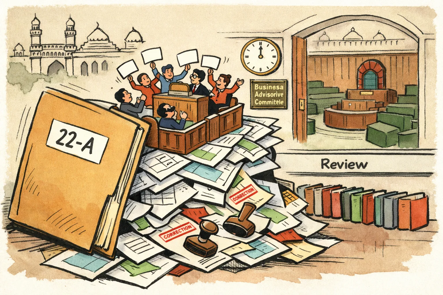 A giant 22-A land-record file spills maps and forms beneath a miniature Assembly chamber where anonymous legislators argue, while a quiet queue of folders waits at a review counter.