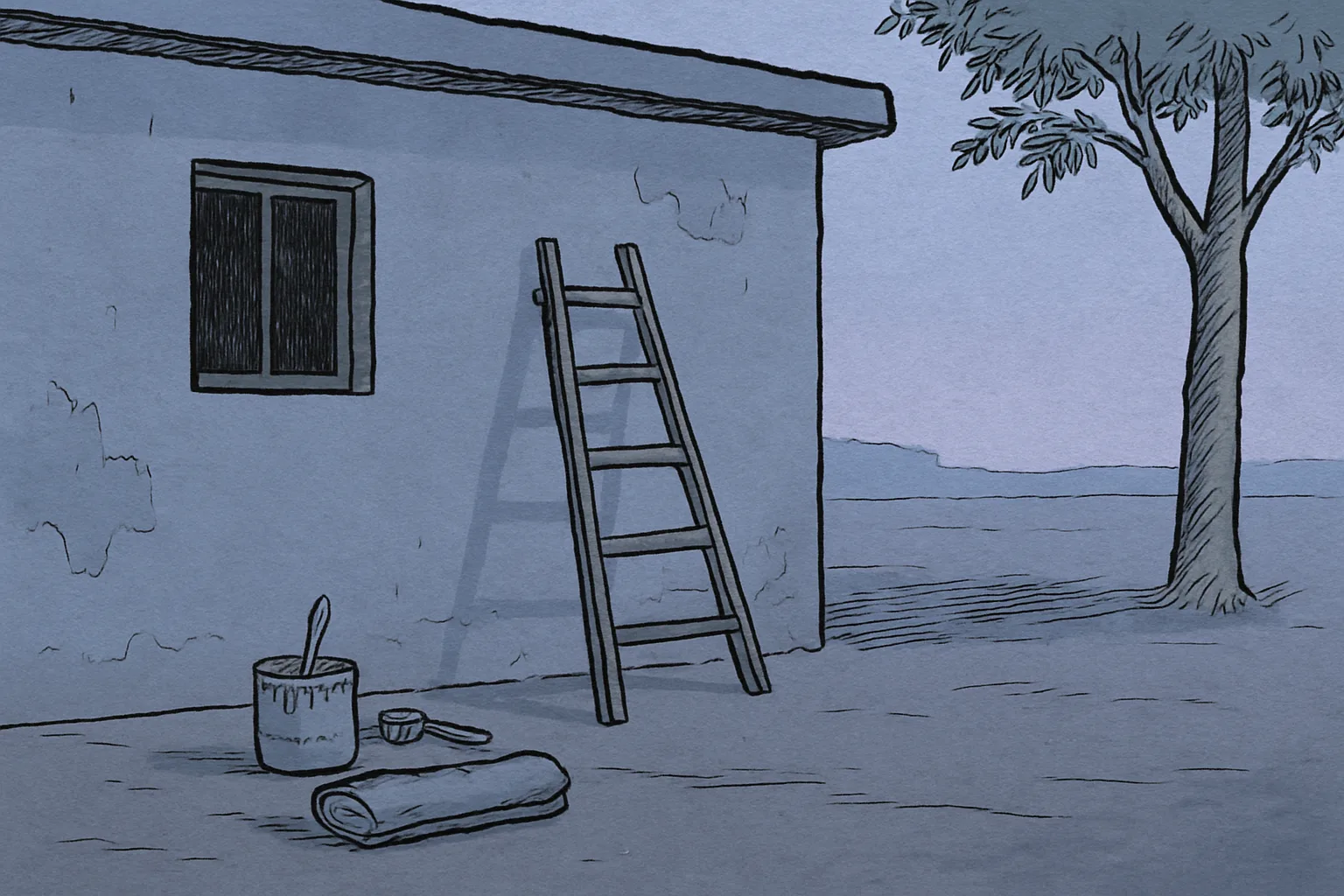 A folding painter's ladder, an open paint tin and a brush rest against the peeling white wall of a modest village house at dawn, with a neem tree at the edge and no people in view.