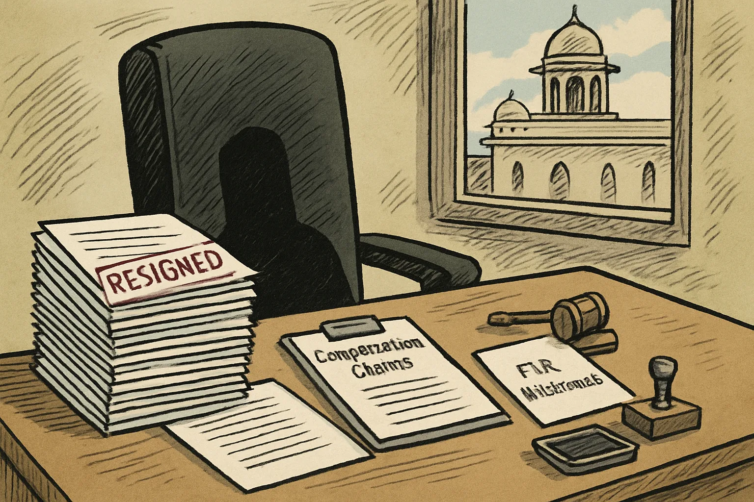 An empty ministerial chair sits in a government office. Before the desk, papers and documents marked 'Compensation Claims' and 'FIR Withdrawals' lie unsigned and waiting, with a gavel and stamp nearby. The chair's shadow falls across the unresolved paperwork.