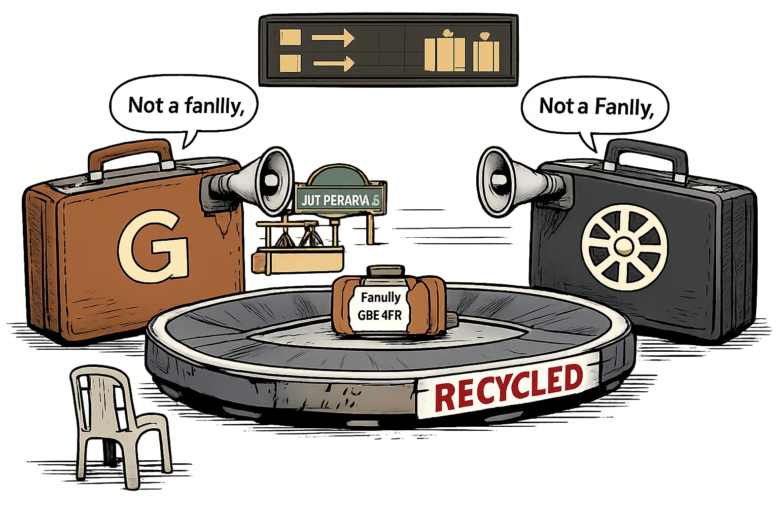 Two oversized locked briefcases with loudspeakers circle on a luggage carousel beside a Telangana tea stall, while an airport board points toward Australia.