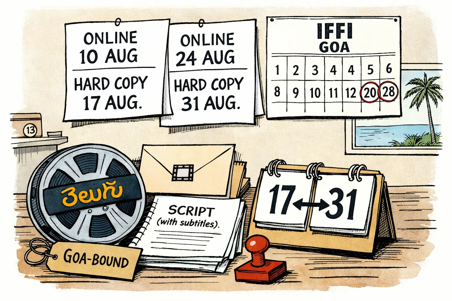 A Goa-bound festival calendar sits on a desk beneath an IFFI folder, with two different deadline dates stamped on overlapping pages while a Telugu film reel waits beside a submission envelope.