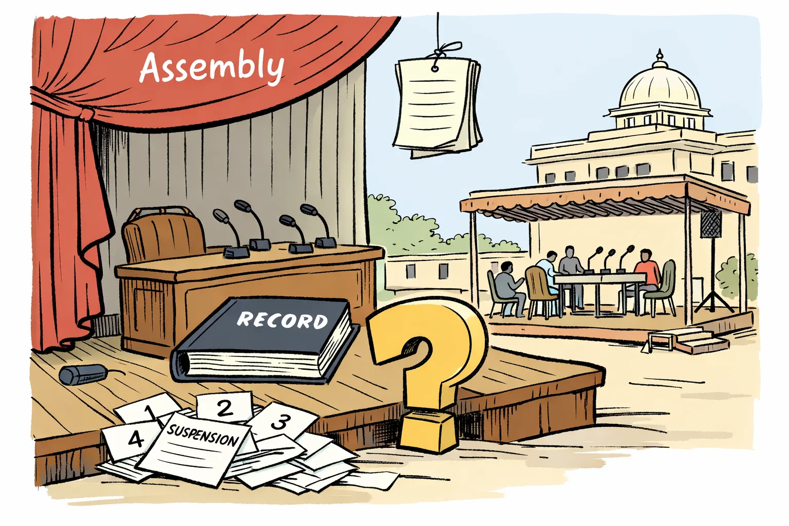 A Telangana Assembly chamber is drawn as a theatre stage with suspension papers and a record ledger, while a smaller makeshift stage operates outside a Telangana Bhavan-style building under a blank hanging script.