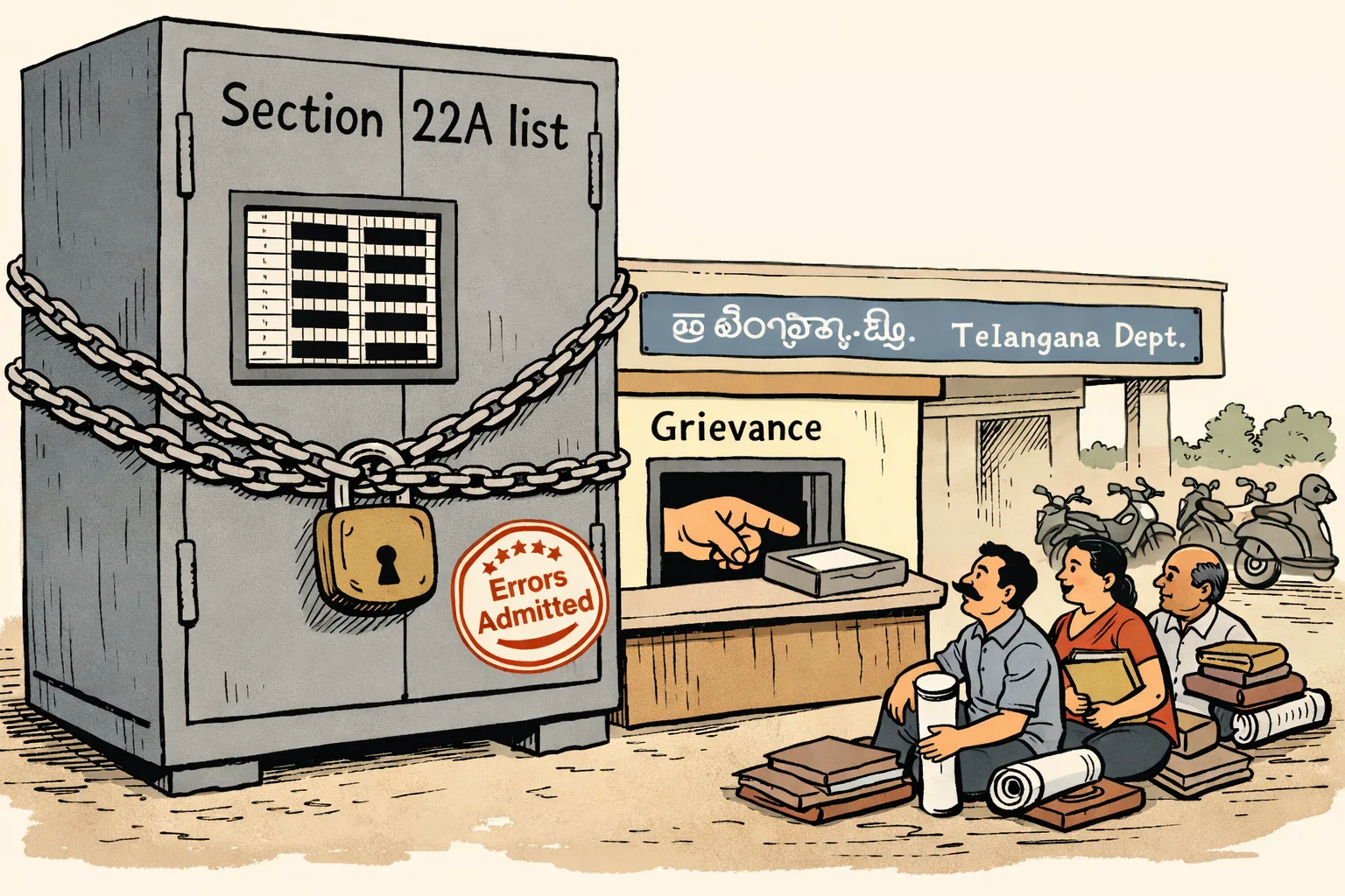 A giant chained filing cabinet marked Section 22A stands outside a Telangana government office, while landowners face a tiny grievance window beneath a sign saying Trust the fix.