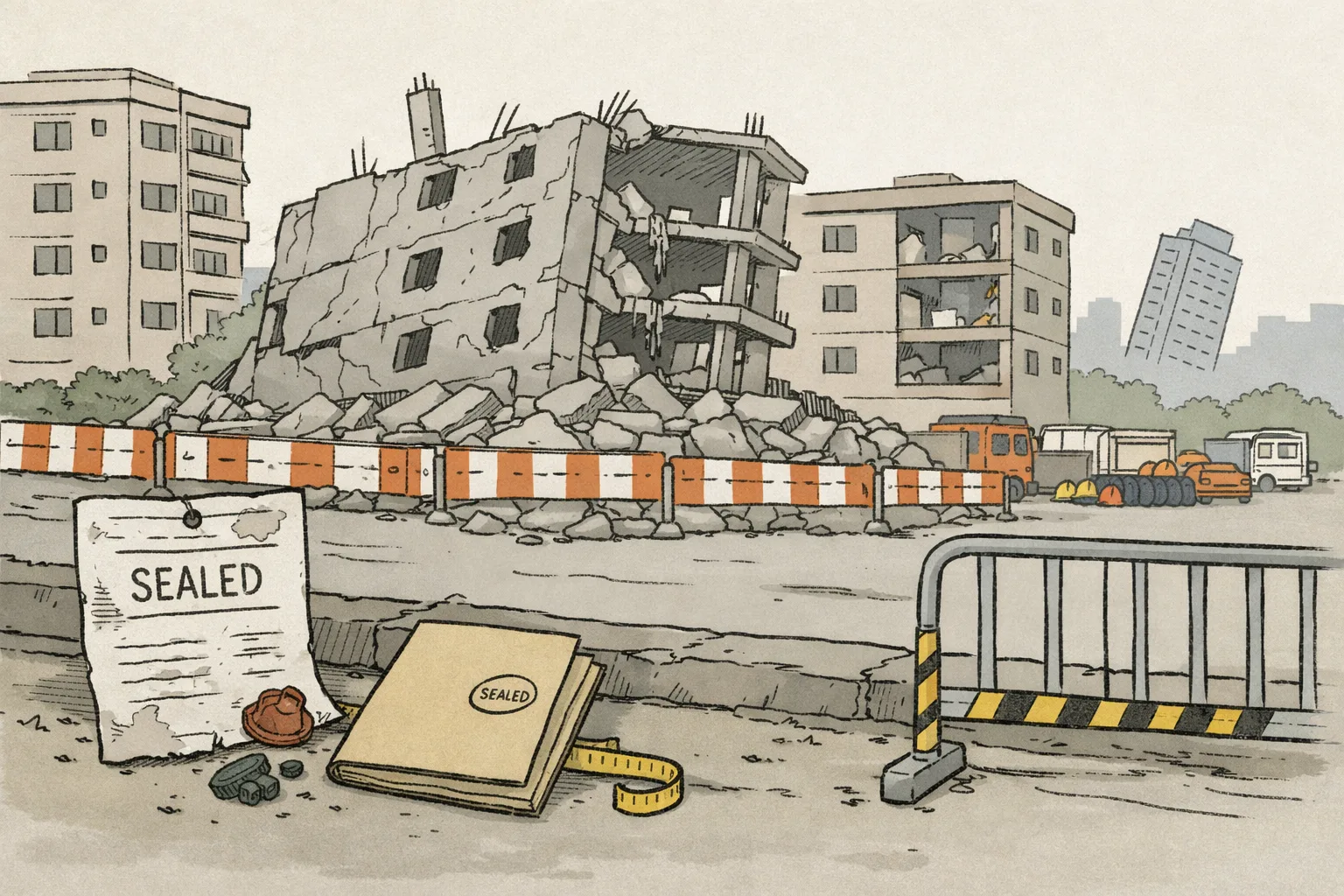 A damaged multi-storey concrete building stands behind barricades in a Gachibowli lane, with a stop-work notice, broken seal and civic file in the foreground and rescue equipment in the background.