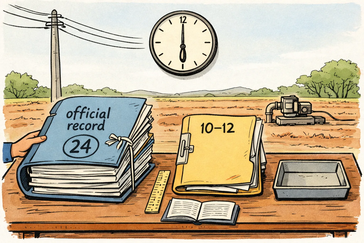 A Telangana agricultural feeder line runs between green fields and a pump set, while a huge official file marked “24” sits beside an empty folder marked “10–12”; a clock and loose paperwork complete the scene.