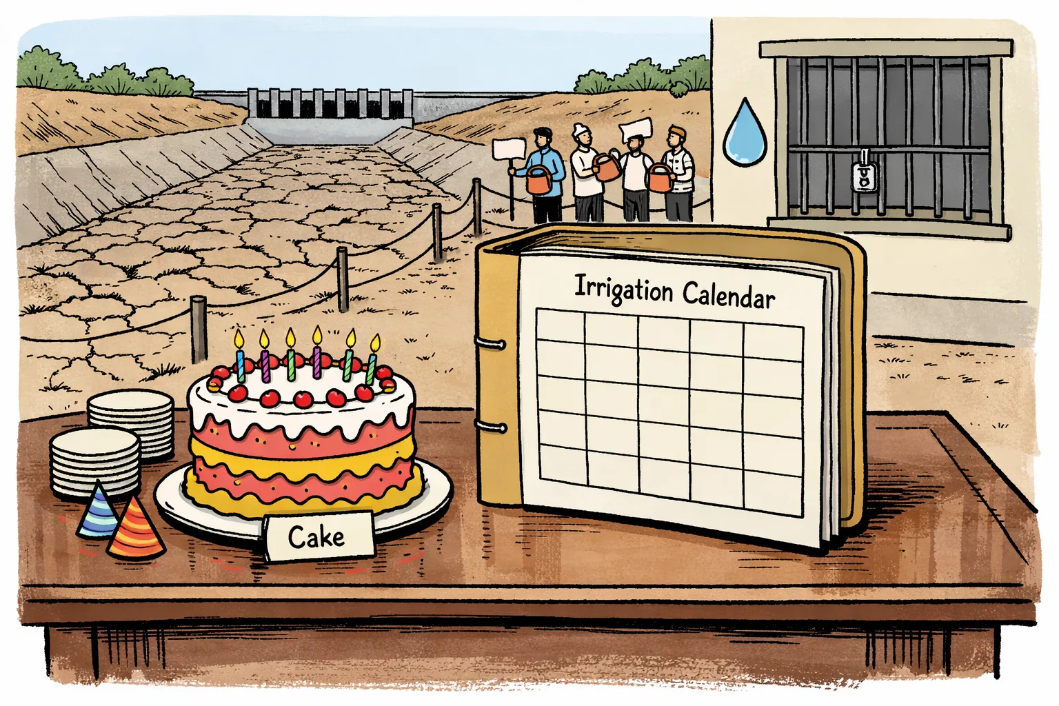 A birthday cake on a government-office table sits beside an empty irrigation file, while a dry canal and cracked earth stretch behind a small group of farmers.