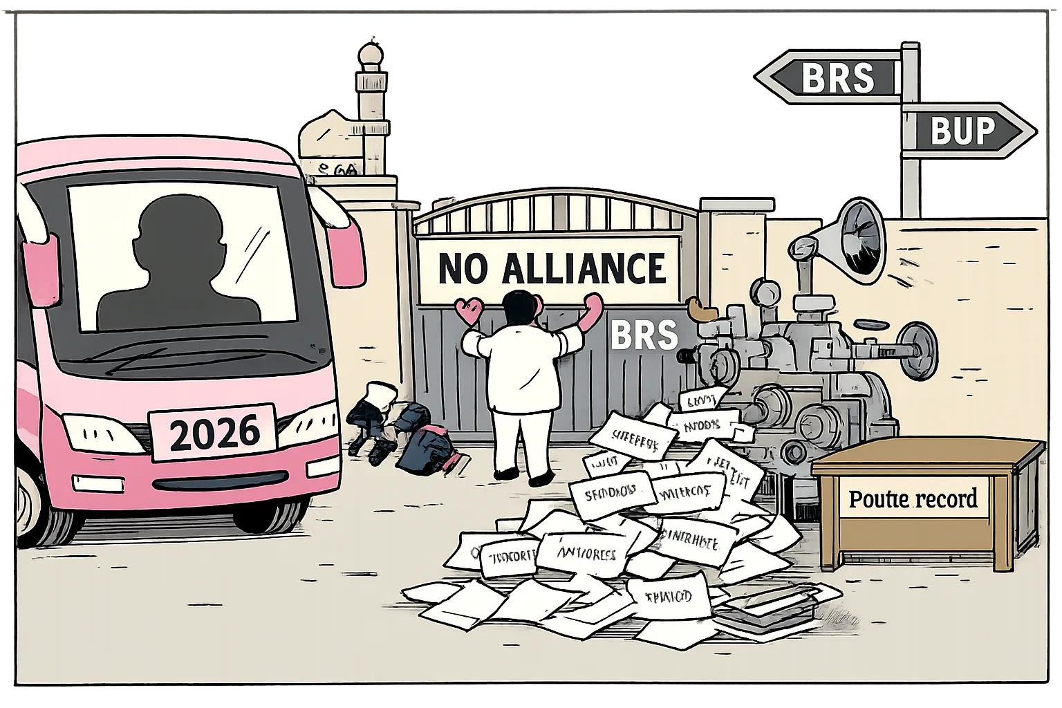 A Telangana political office has a closed gate marked “NO ALLIANCE”, a campaign bus marked “2026” and a generic older silhouette at its front, while a rumour machine produces papers beside an empty public-record desk.