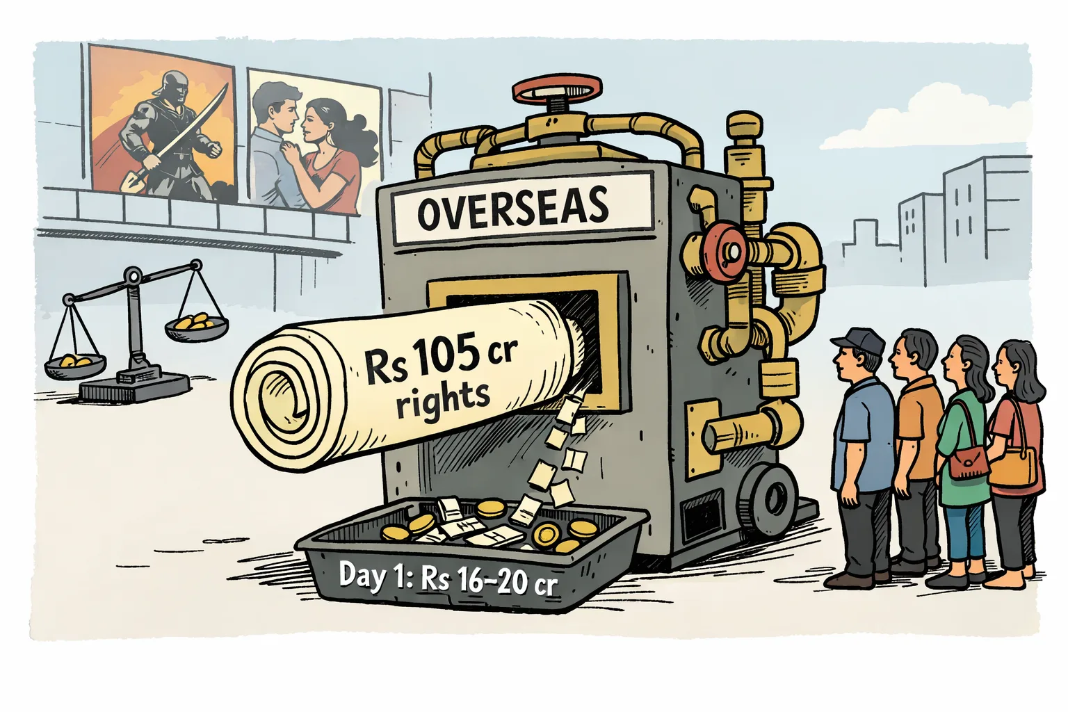 An oversized overseas rights contract marked Rs 105 crore enters a cinema machine, which releases only a thin stream of tickets and coins into a tray marked Day 1: Rs 16–20 crore.