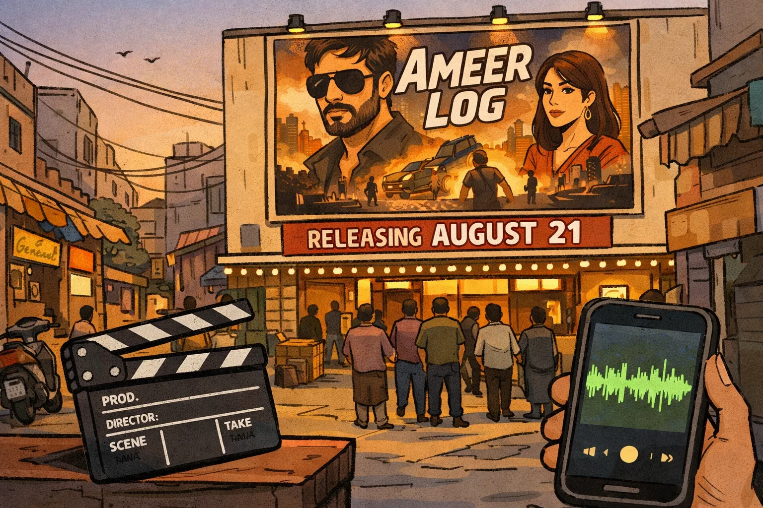 A cinema screen showing a colourful Hyderabad basti street, with a clapperboard marked “AUG 21” in the foreground and a music track ribbon curling through the scene.