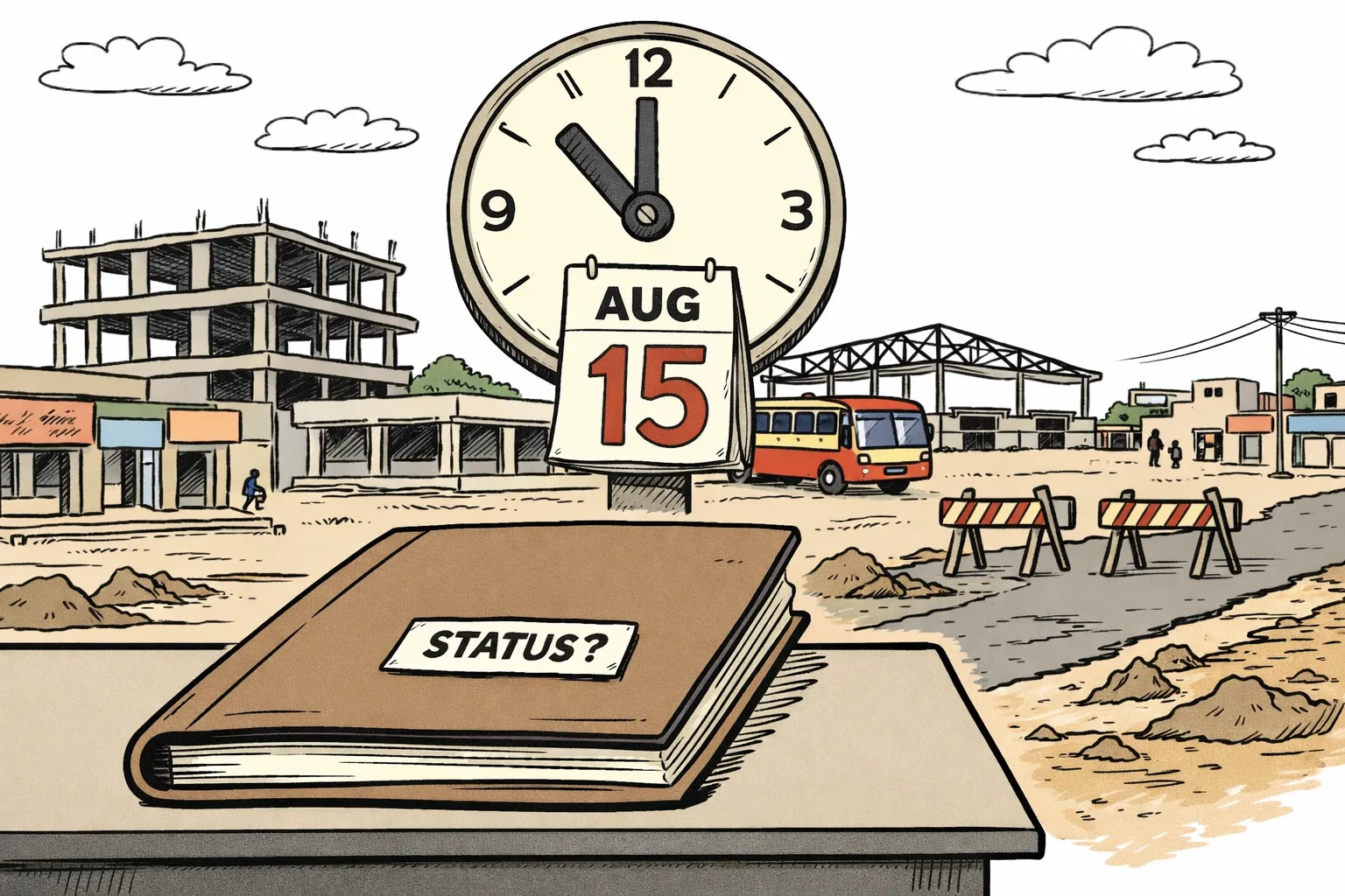 A large stopped clock marked August 15 hangs above four unfinished public projects in Bheemgal: a hospital shell, a market-yard frame, an RTC depot sign and a broken road. A neat government file lies closed on a desk in the foreground.