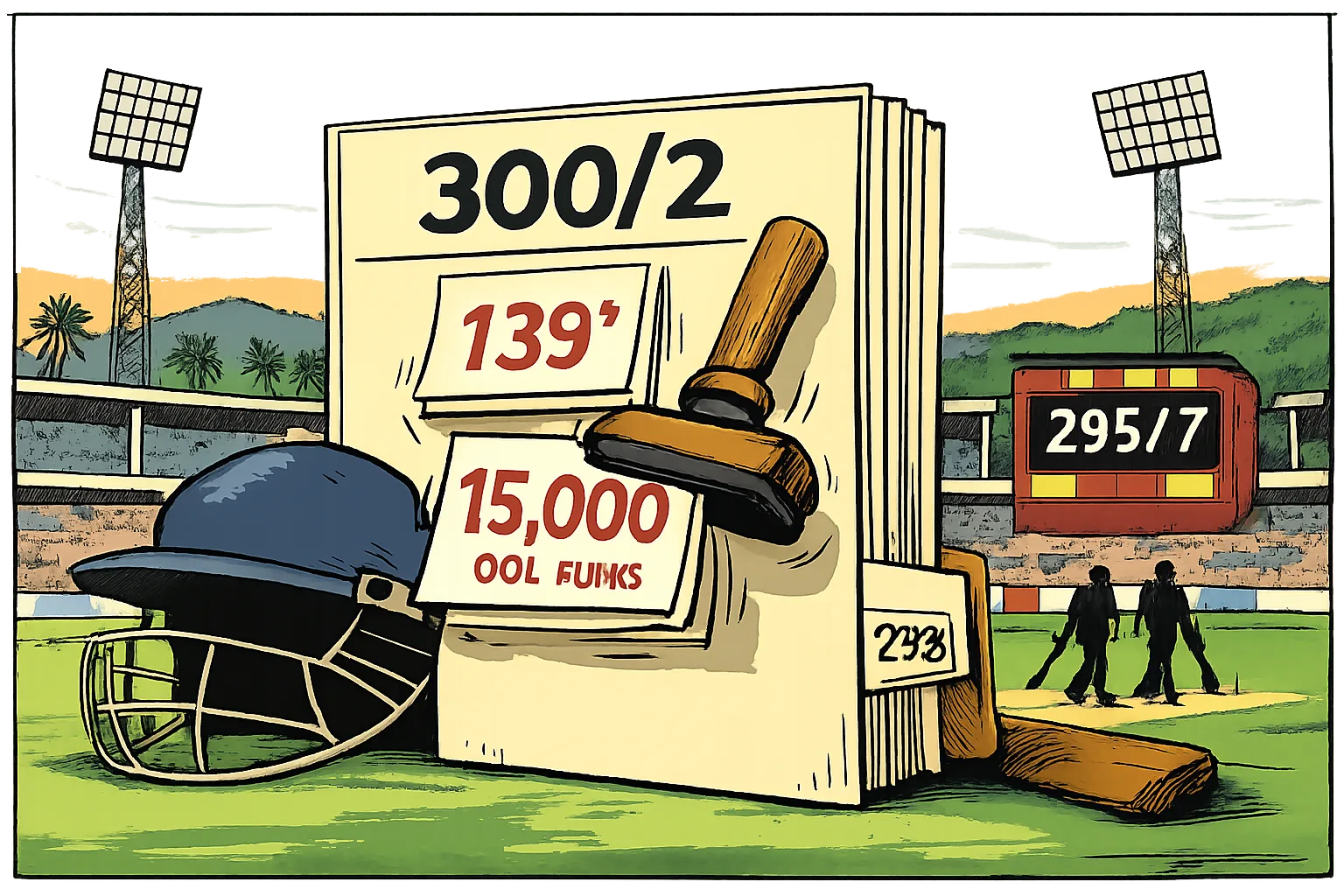 A giant cricket scorecard lies like an office file at a stadium, stamped with 139 not out and 15,000 ODI runs while two batsmen walk between the wickets and a background scoreboard shows 295/7.